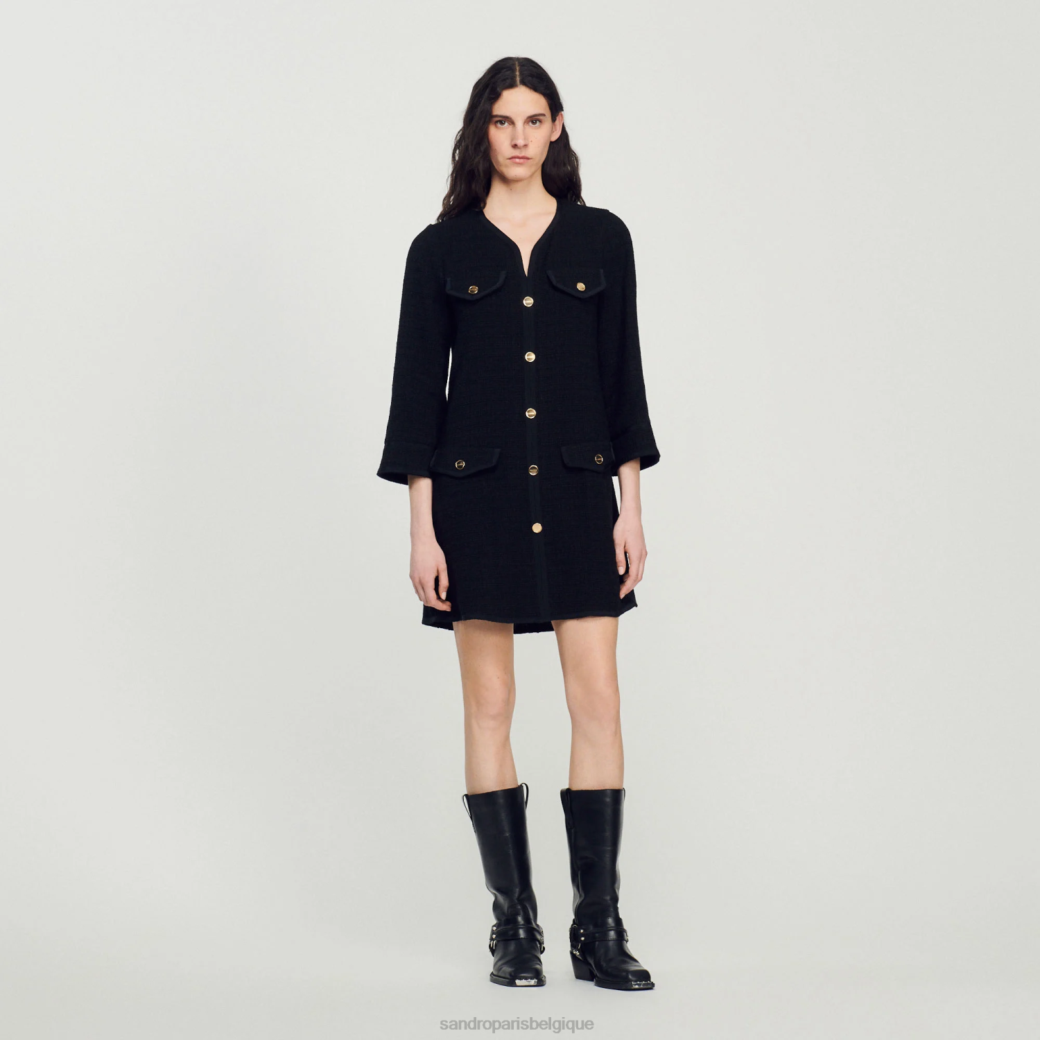 vêtements Sandro Paris robe courte à manches longues en tweed noir femmes XLXD156
