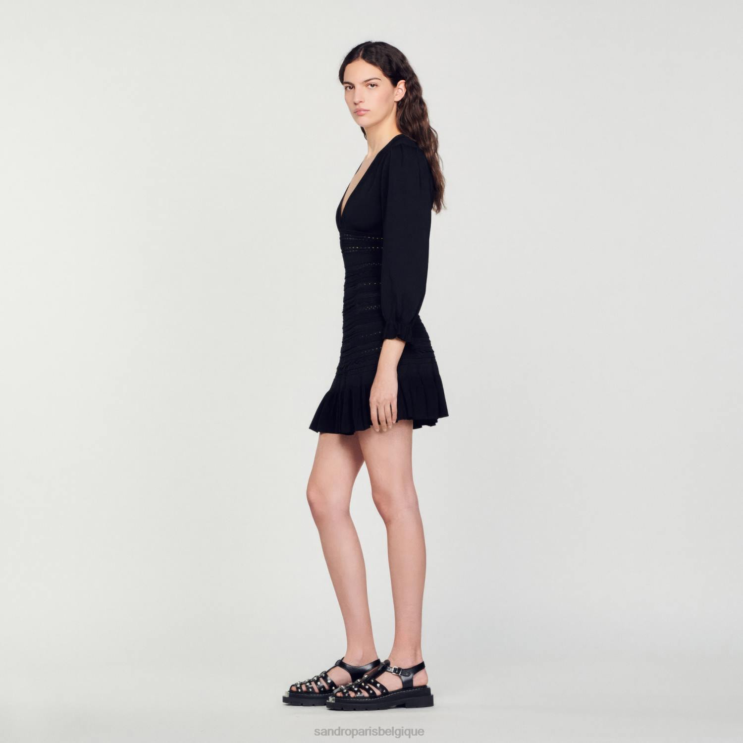 vêtements Sandro Paris robe courte à volants noir femmes XLXD426