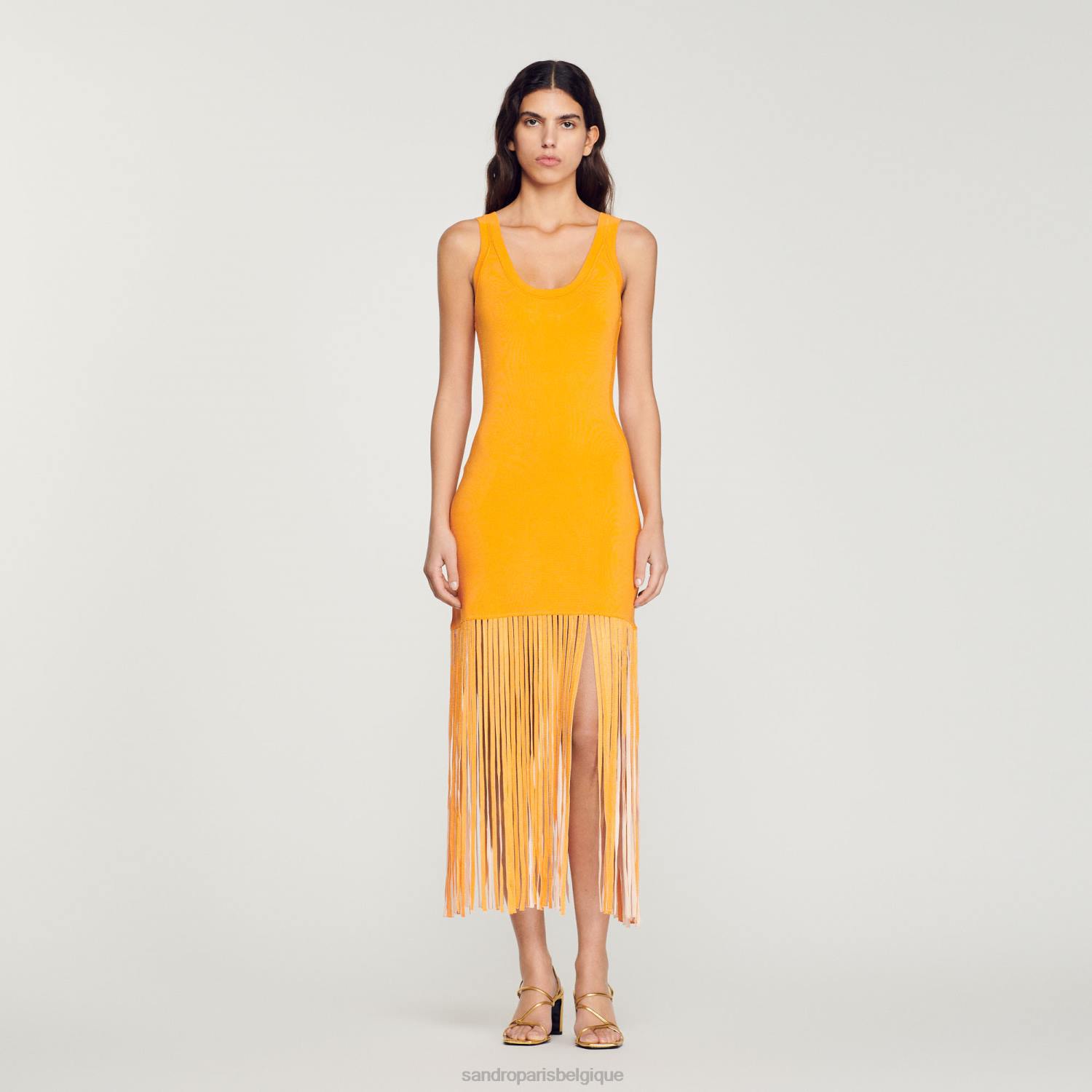 vêtements Sandro Paris robe en maille à franges orange femmes XLXD271