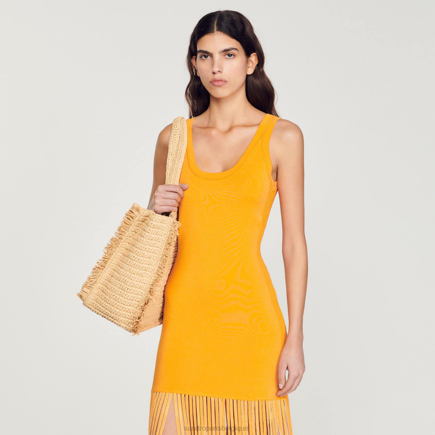 vêtements Sandro Paris robe en maille à franges orange femmes XLXD271