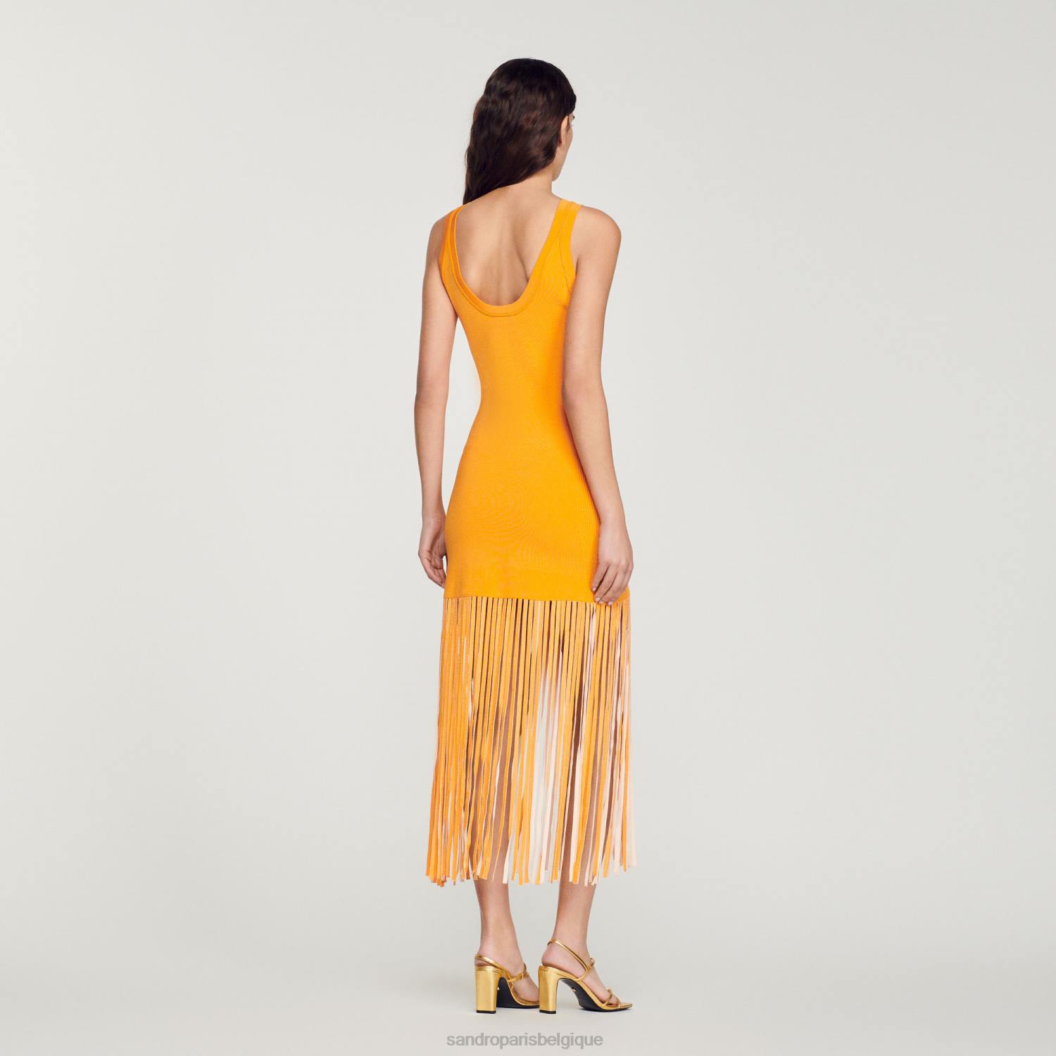 vêtements Sandro Paris robe en maille à franges orange femmes XLXD271