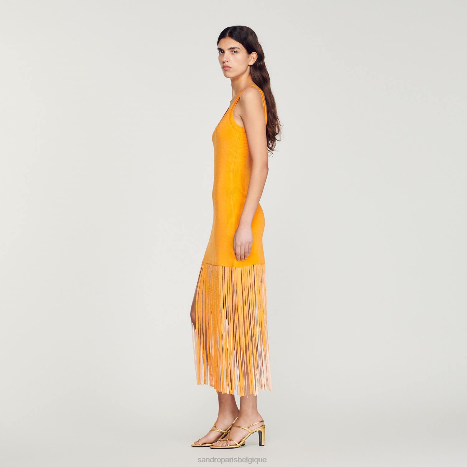 vêtements Sandro Paris robe en maille à franges orange femmes XLXD271