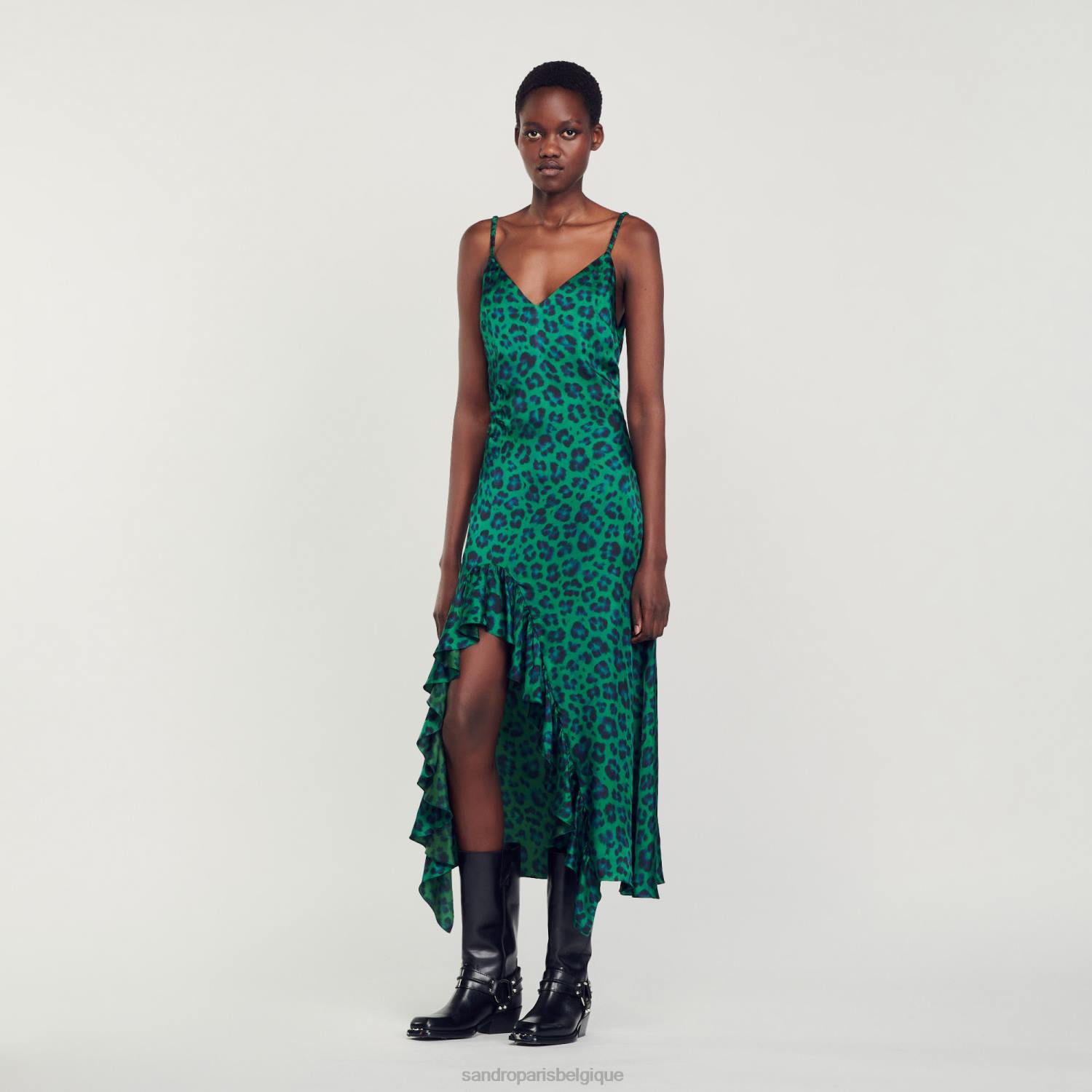 vêtements Sandro Paris robe fendue à imprimé léopard vert femmes XLXD22