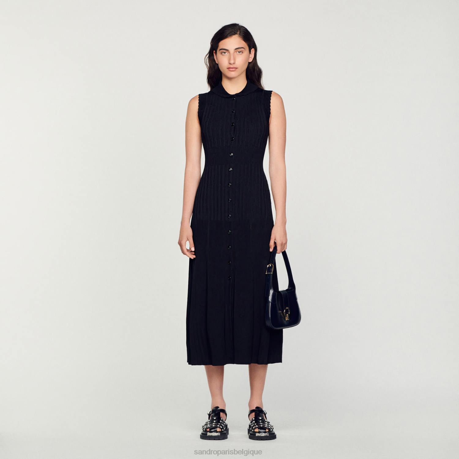 vêtements Sandro Paris robe longue côtelée noir femmes XLXD58