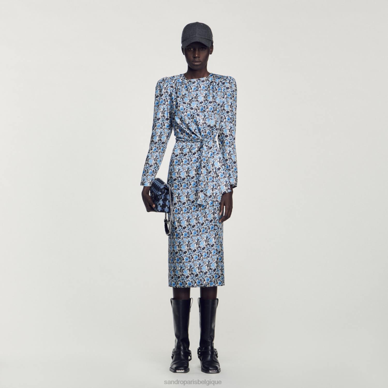 vêtements Sandro Paris robe longue drapée en soie bleu/beige femmes XLXD51