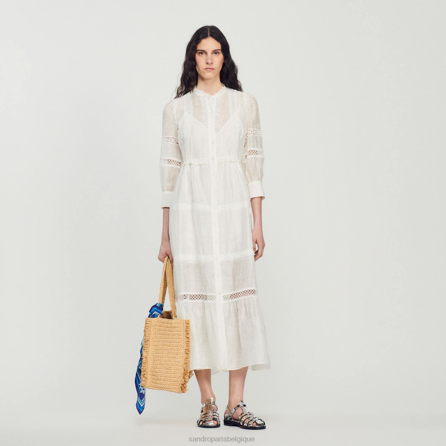 vêtements Sandro Paris robe longue en dentelle écru femmes XLXD418