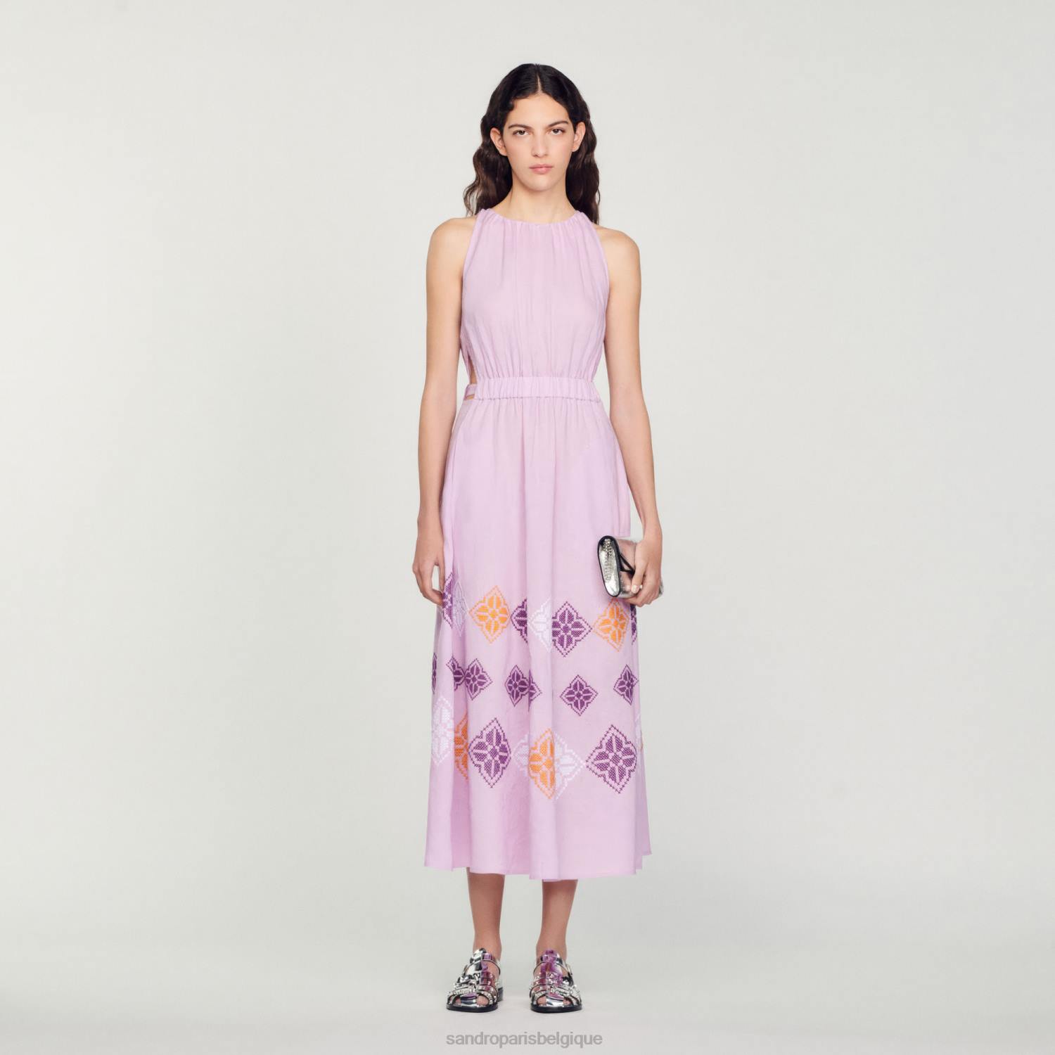 vêtements Sandro Paris robe longue en lin brodé mauve femmes XLXD220