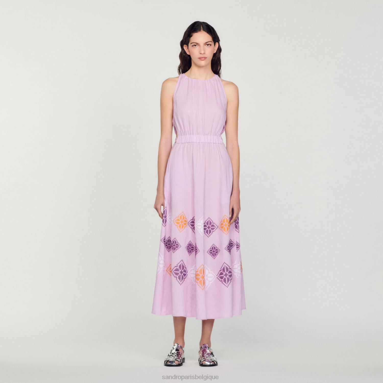 vêtements Sandro Paris robe longue en lin brodé mauve femmes XLXD220