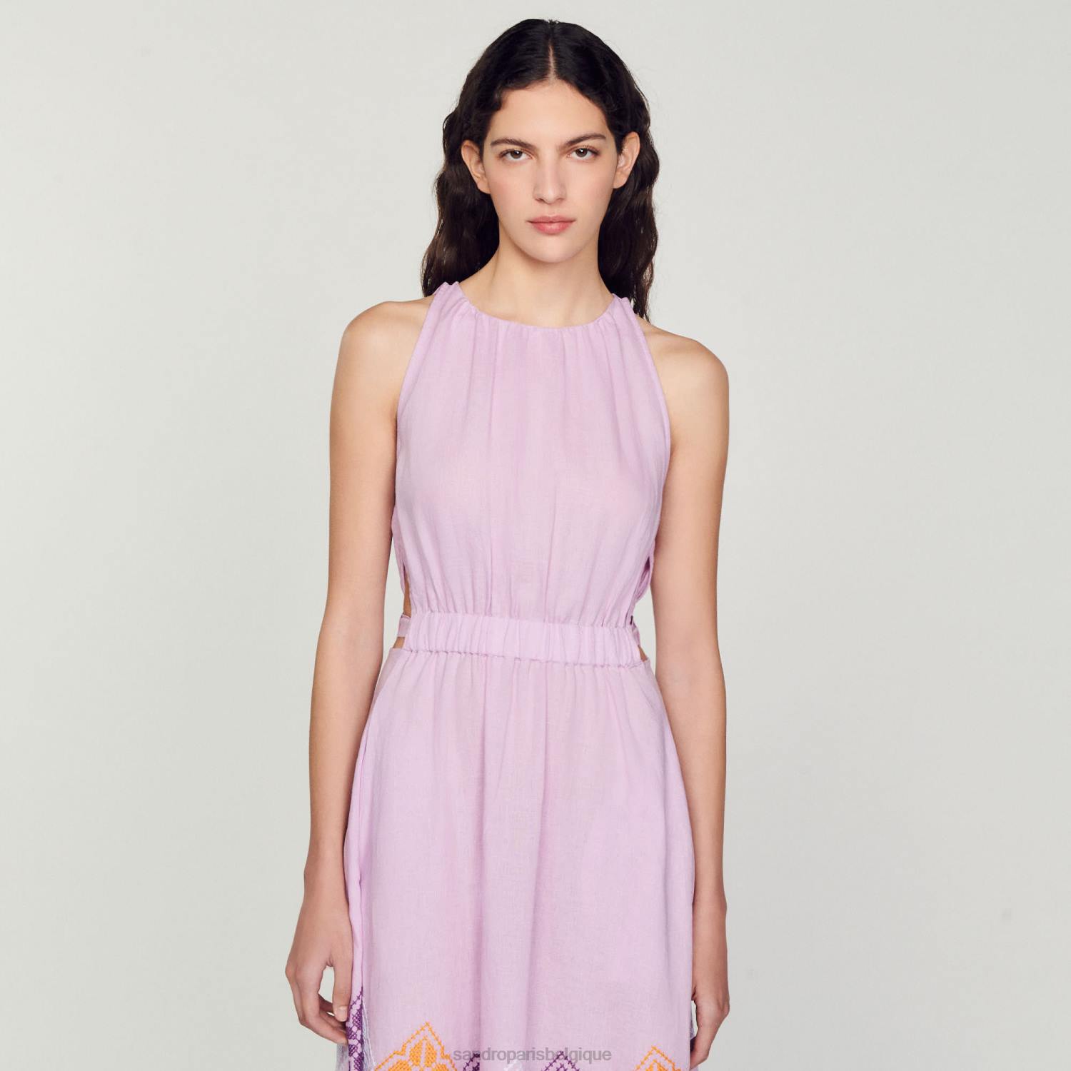 vêtements Sandro Paris robe longue en lin brodé mauve femmes XLXD220
