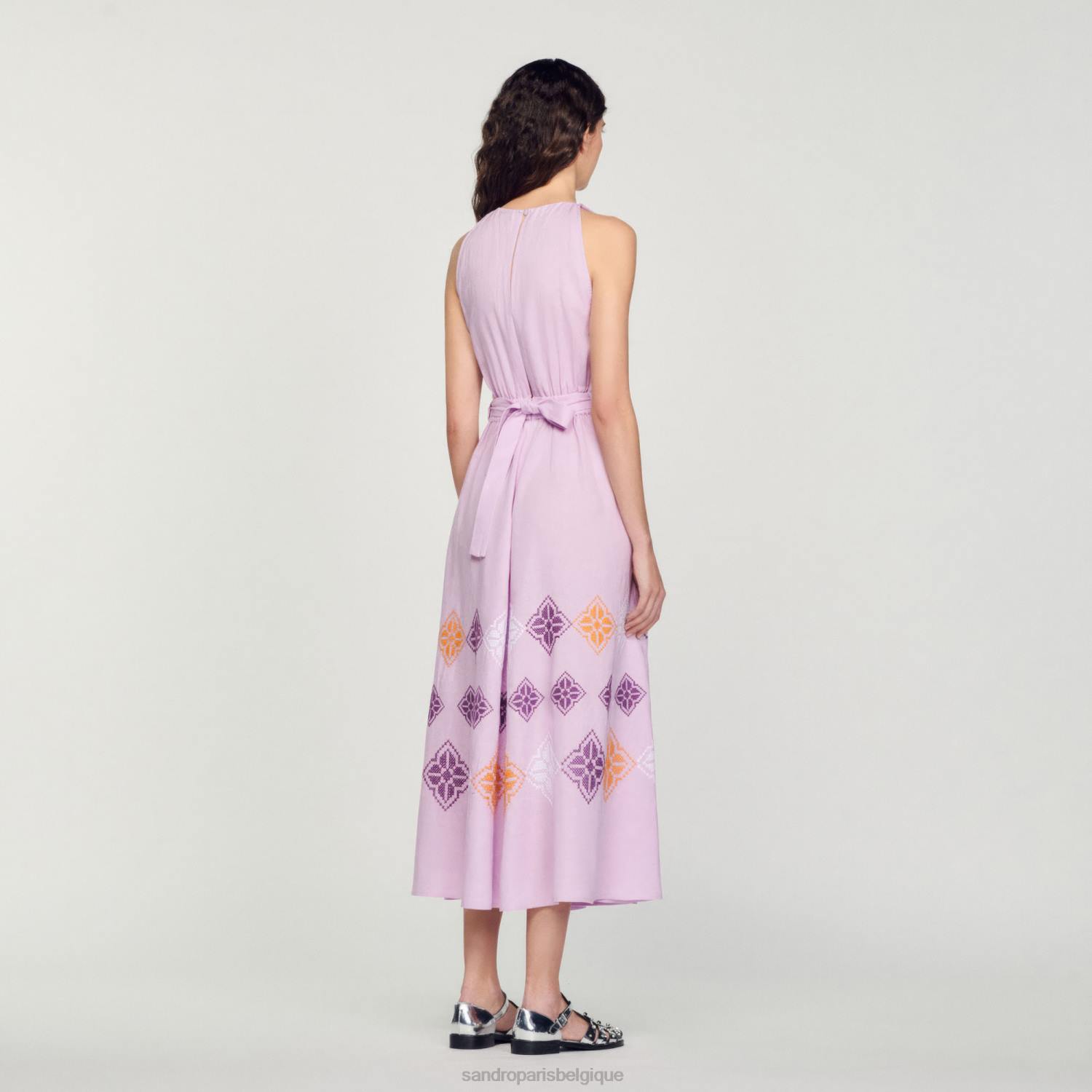 vêtements Sandro Paris robe longue en lin brodé mauve femmes XLXD220