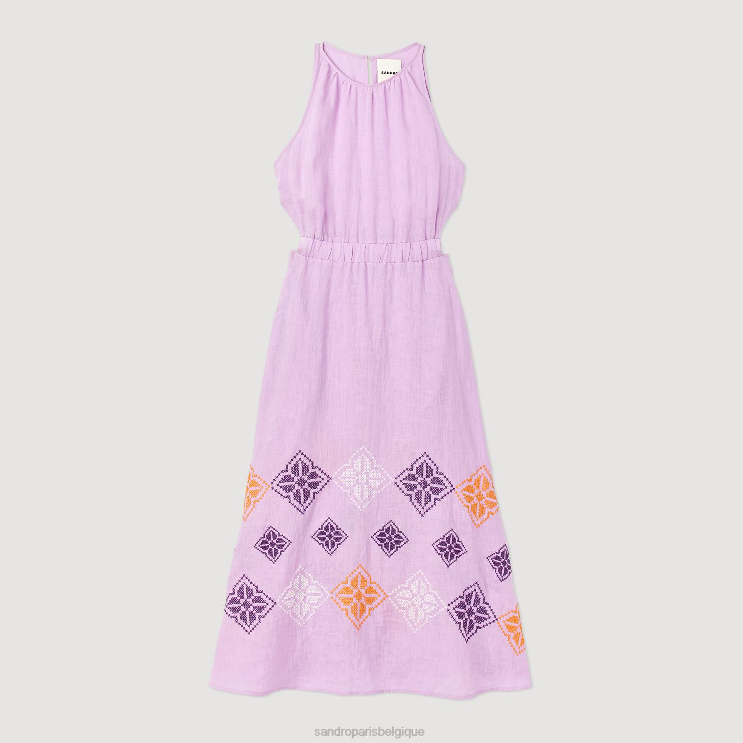 vêtements Sandro Paris robe longue en lin brodé mauve femmes XLXD220