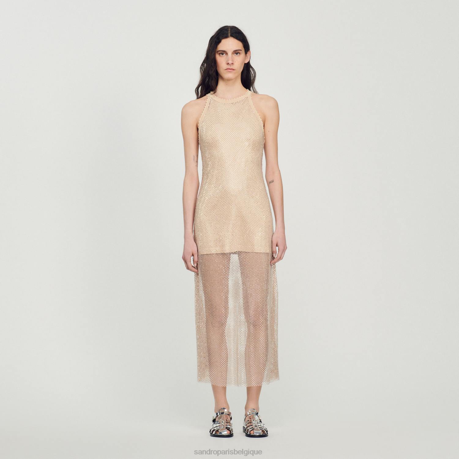 vêtements Sandro Paris robe longue en maille brillante or femmes XLXD164