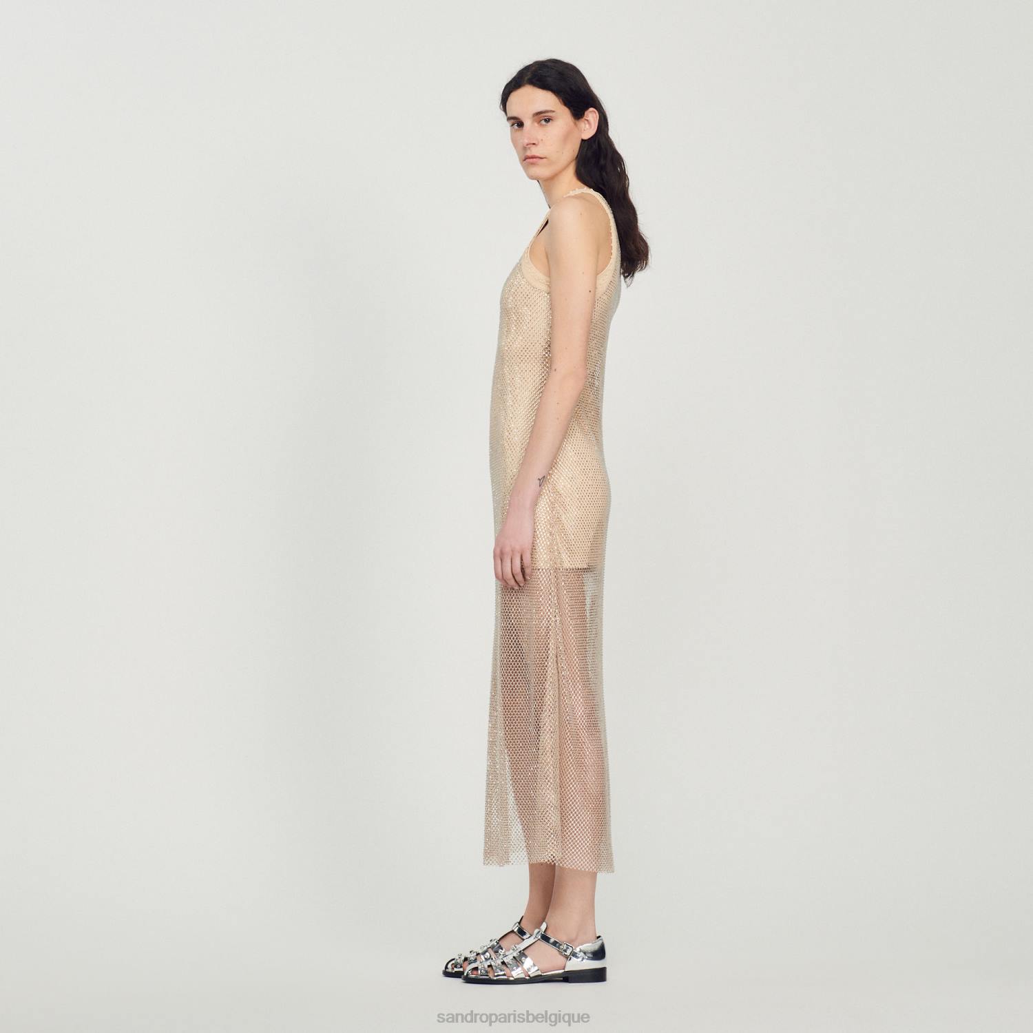 vêtements Sandro Paris robe longue en maille brillante or femmes XLXD164