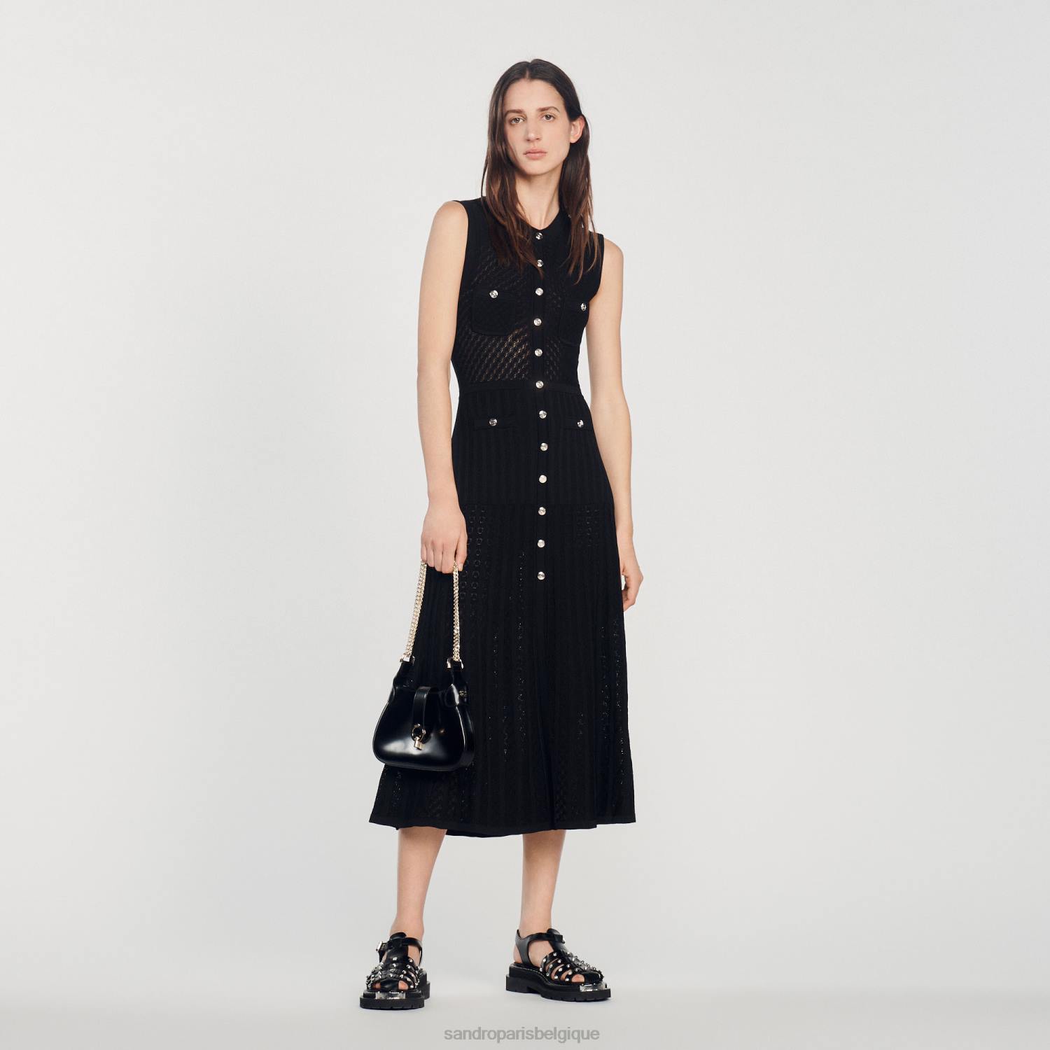 vêtements Sandro Paris robe longue en maille noir femmes XLXD126