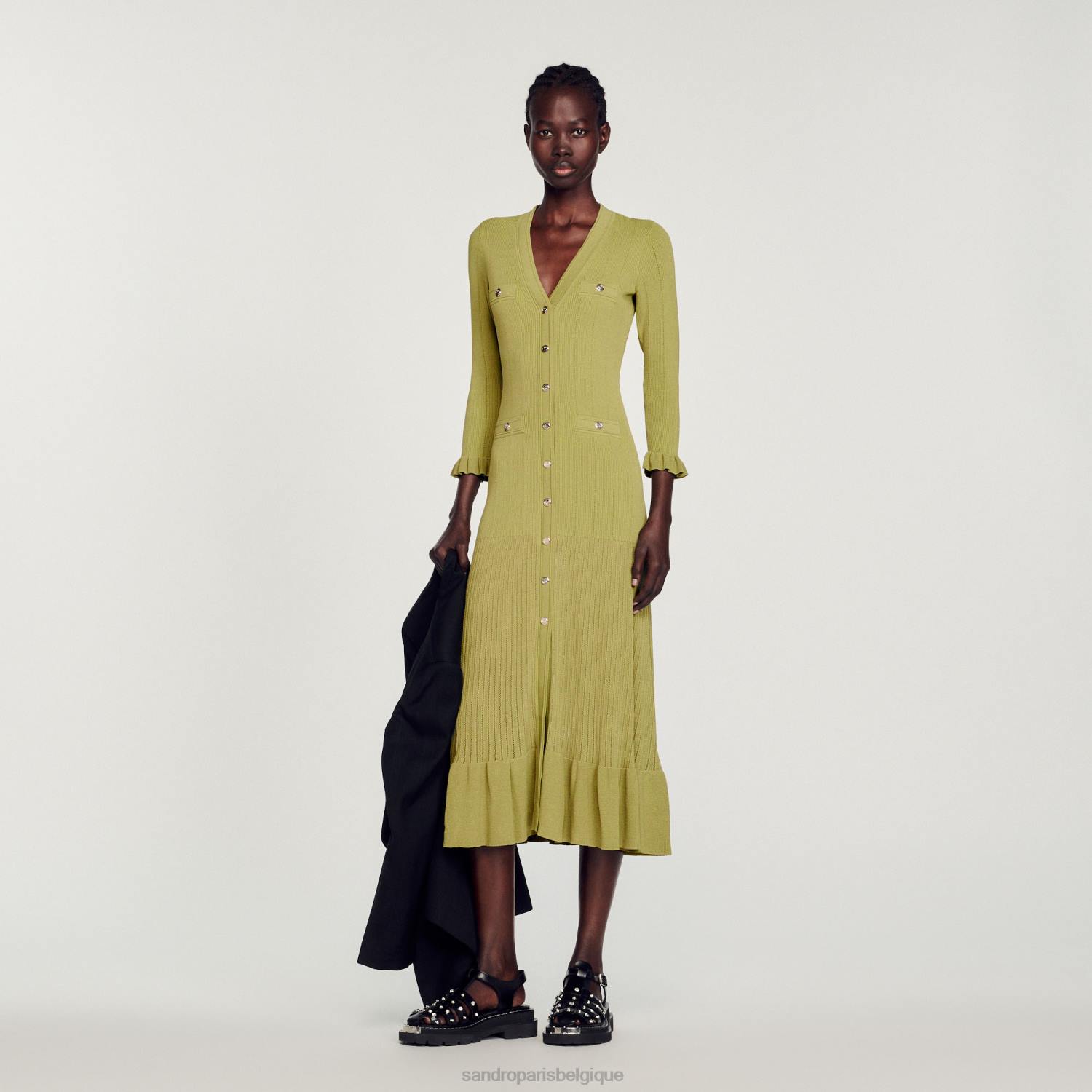 vêtements Sandro Paris robe longue en maille olive verte femmes XLXD339