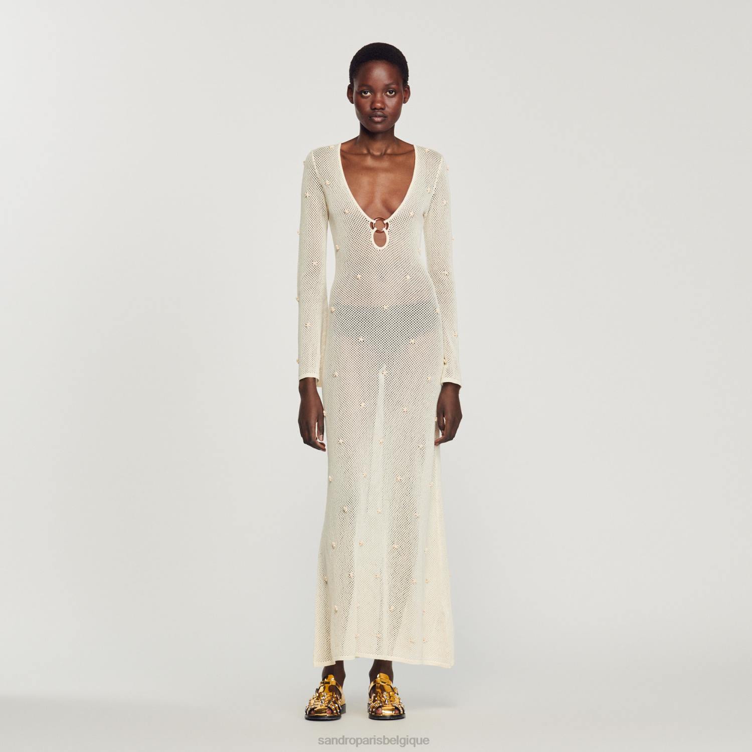 vêtements Sandro Paris robe longue en tulle à sequins écru femmes XLXD122