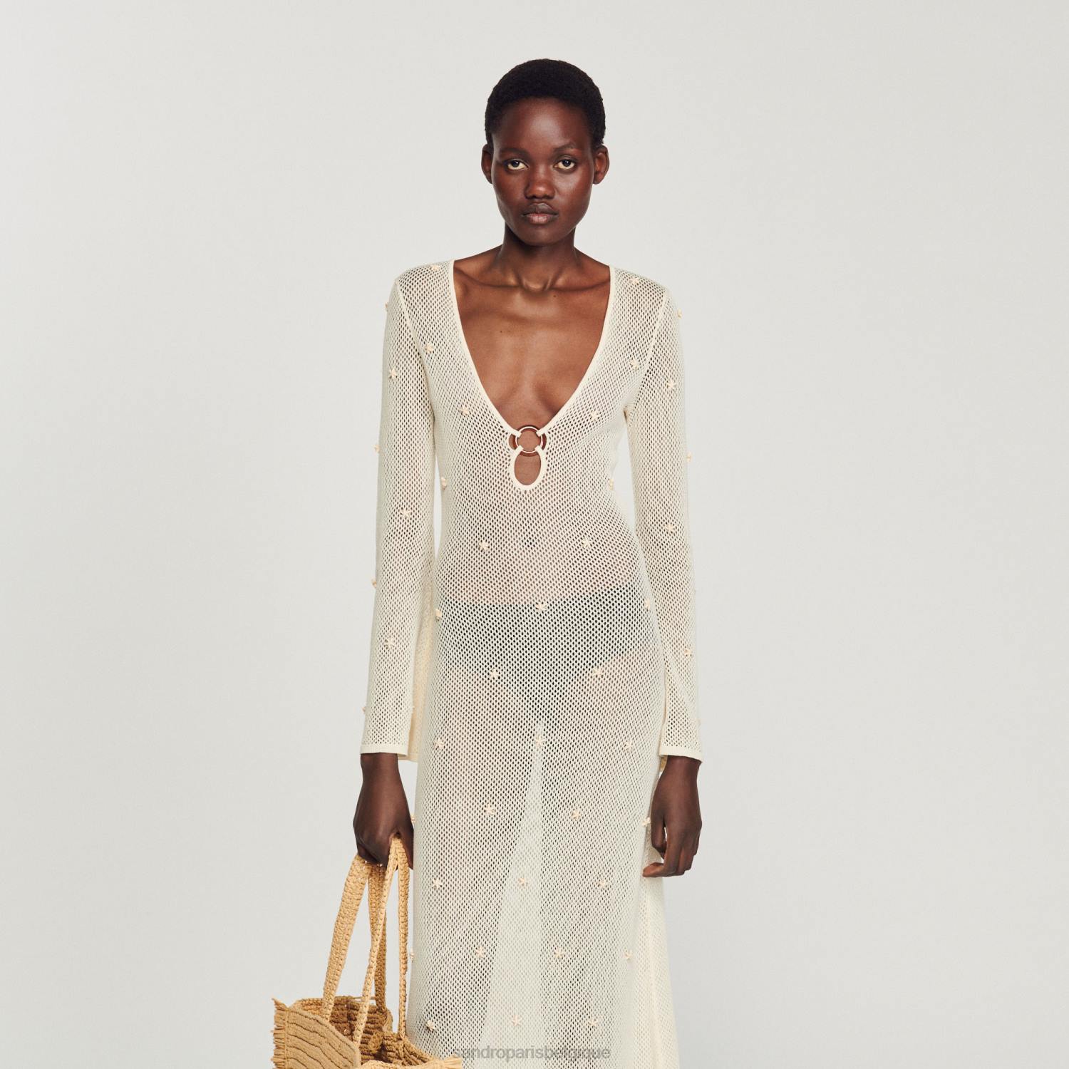 vêtements Sandro Paris robe longue en tulle à sequins écru femmes XLXD122