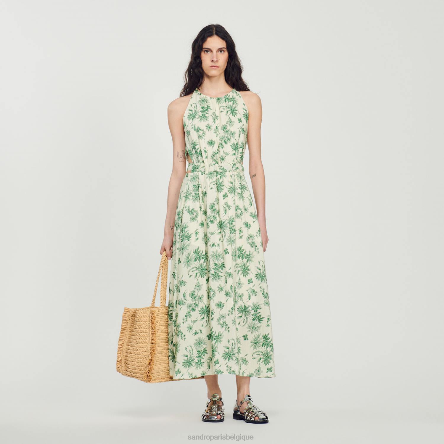 vêtements Sandro Paris robe longue à fleurs écru - vert femmes XLXD239