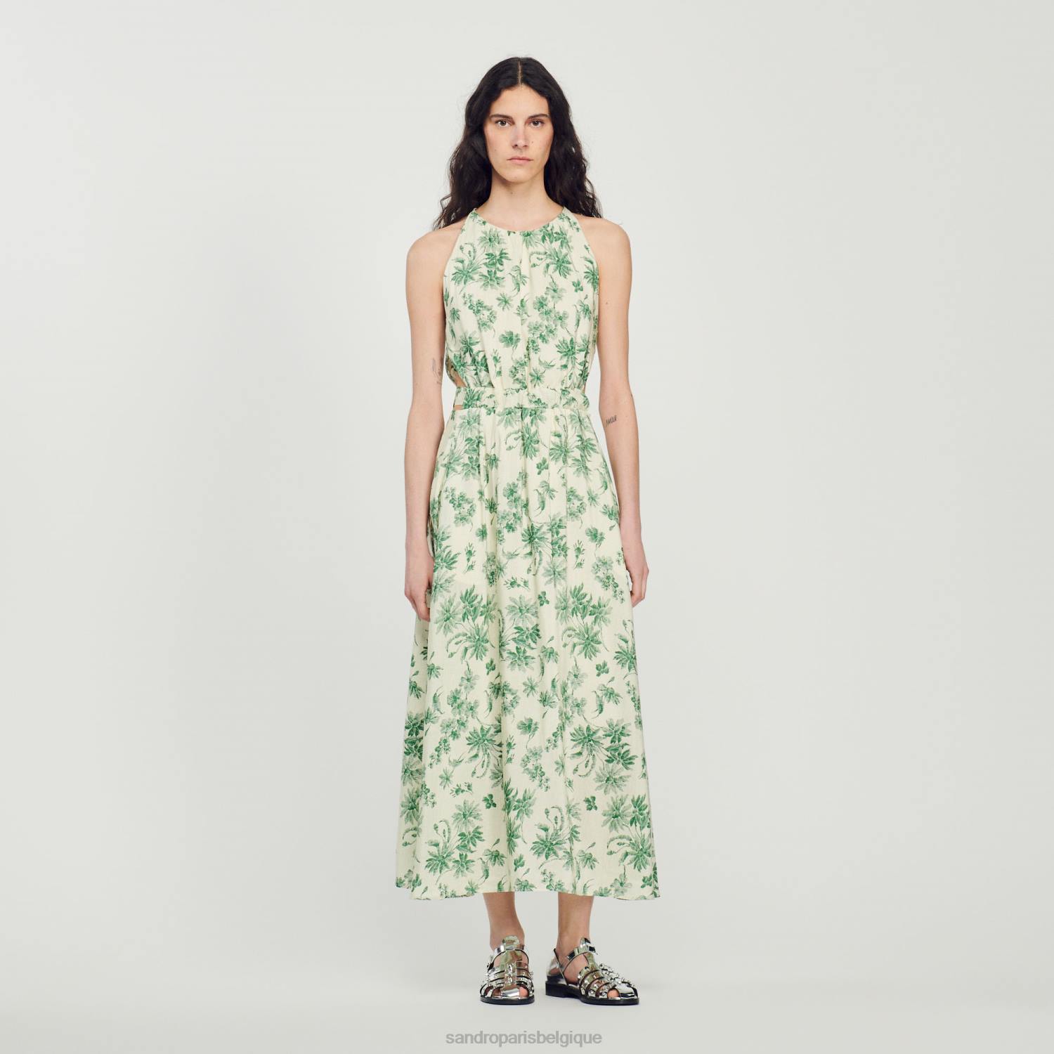 vêtements Sandro Paris robe longue à fleurs écru - vert femmes XLXD239