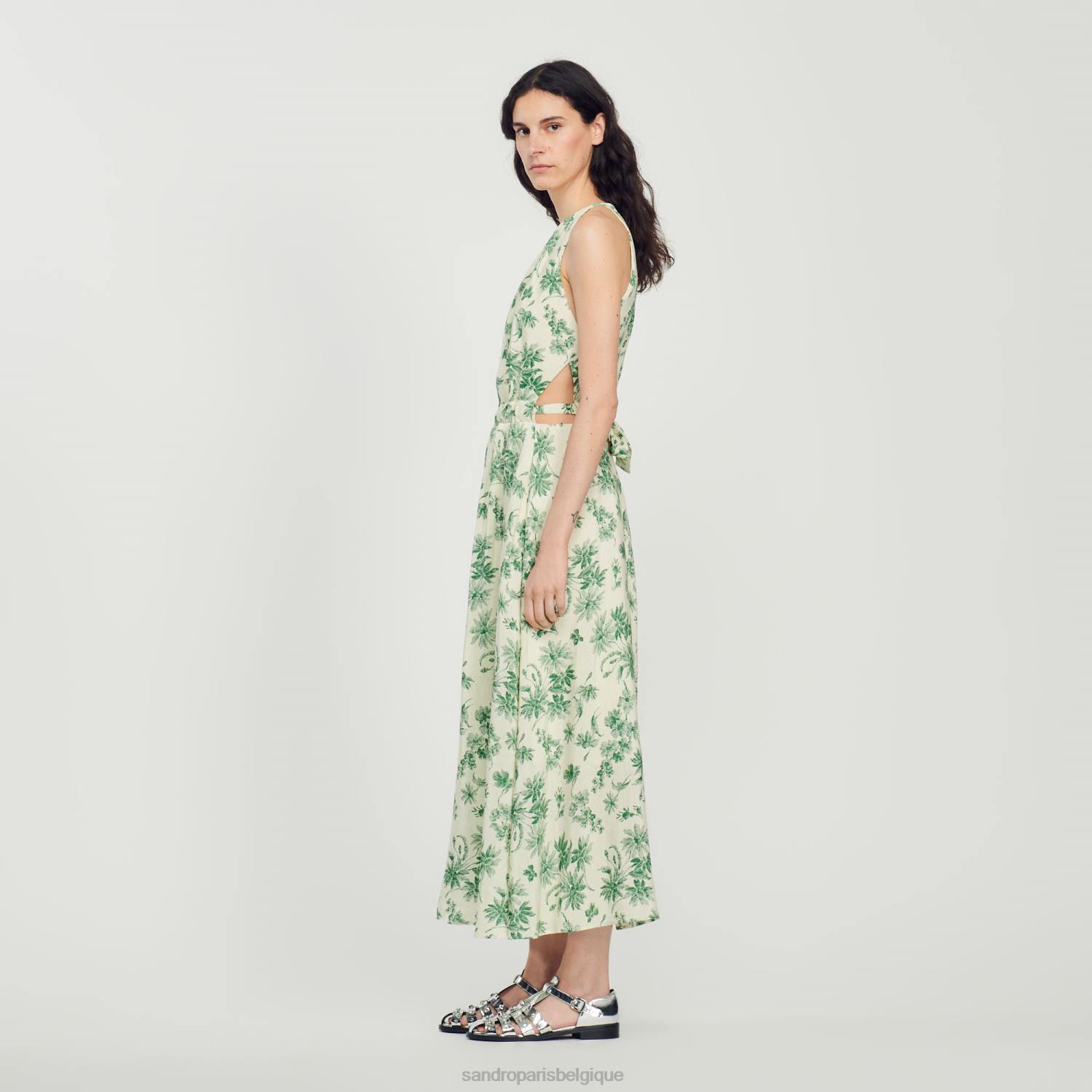 vêtements Sandro Paris robe longue à fleurs écru - vert femmes XLXD239
