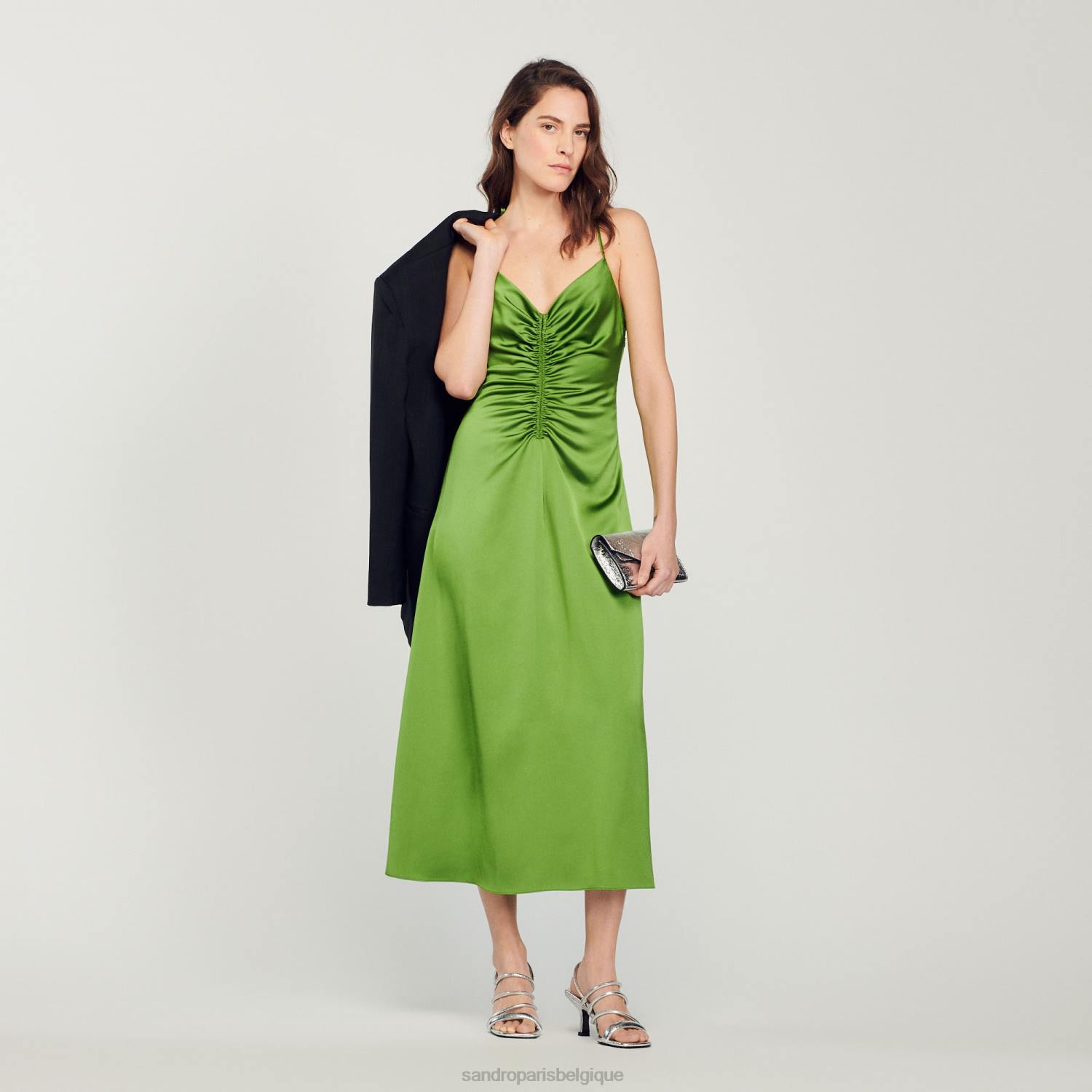 vêtements Sandro Paris robe longue fluide vert emeuraude femmes XLXD310