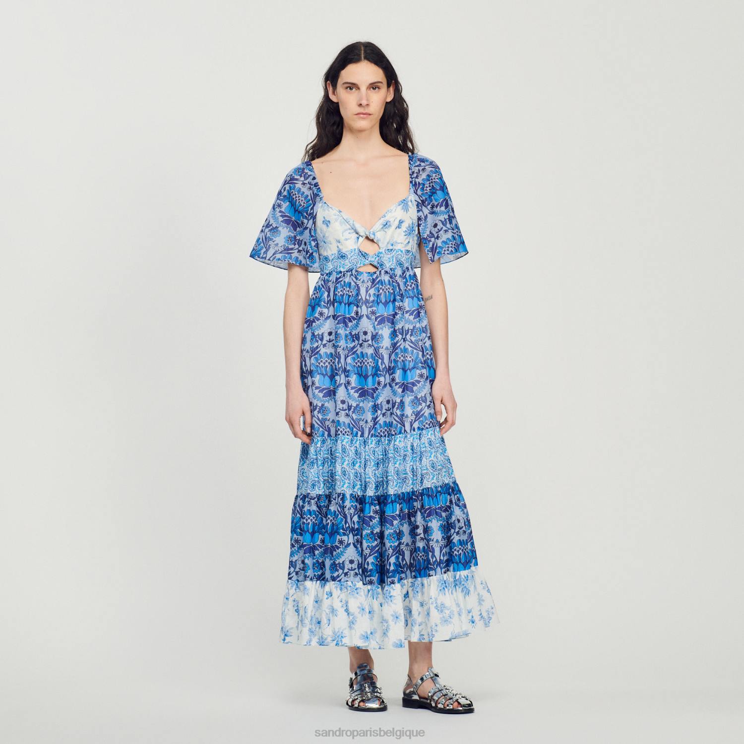 vêtements Sandro Paris robe longue à imprimé foulard bleu femmes XLXD454