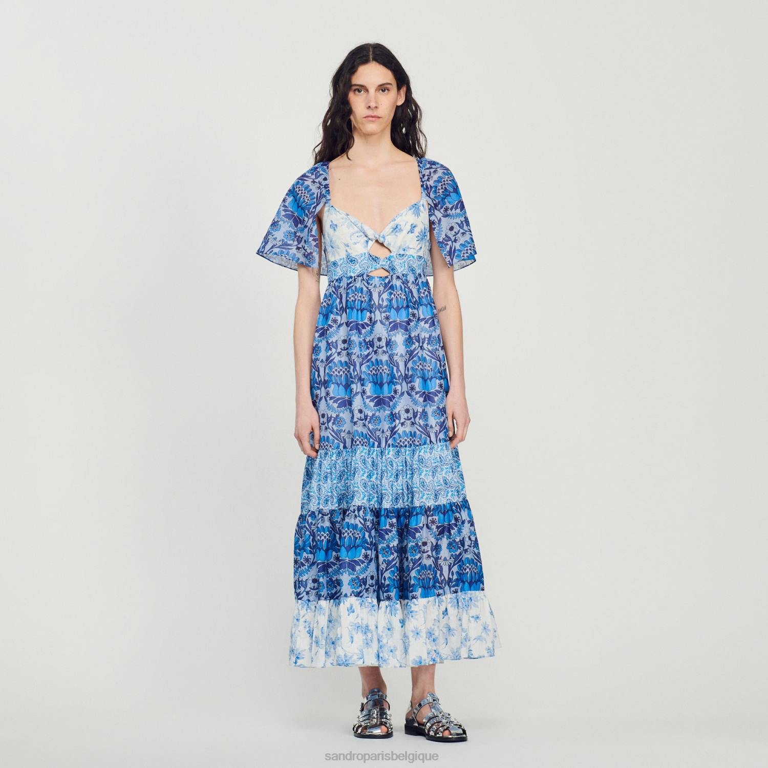 vêtements Sandro Paris robe longue à imprimé foulard bleu femmes XLXD454
