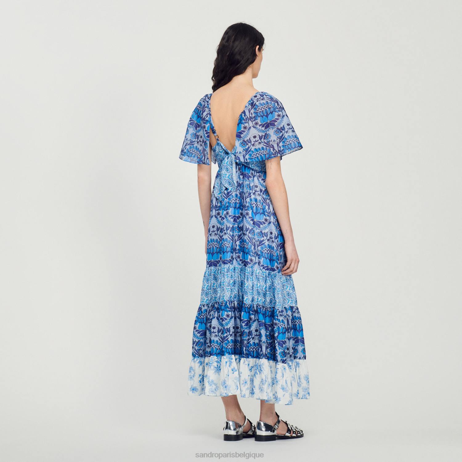 vêtements Sandro Paris robe longue à imprimé foulard bleu femmes XLXD454