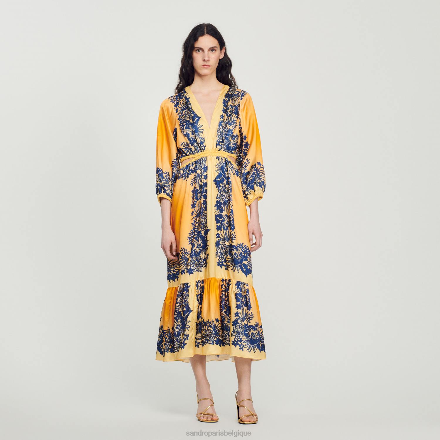 vêtements Sandro Paris robe longue à imprimé hawaïen orange femmes XLXD412