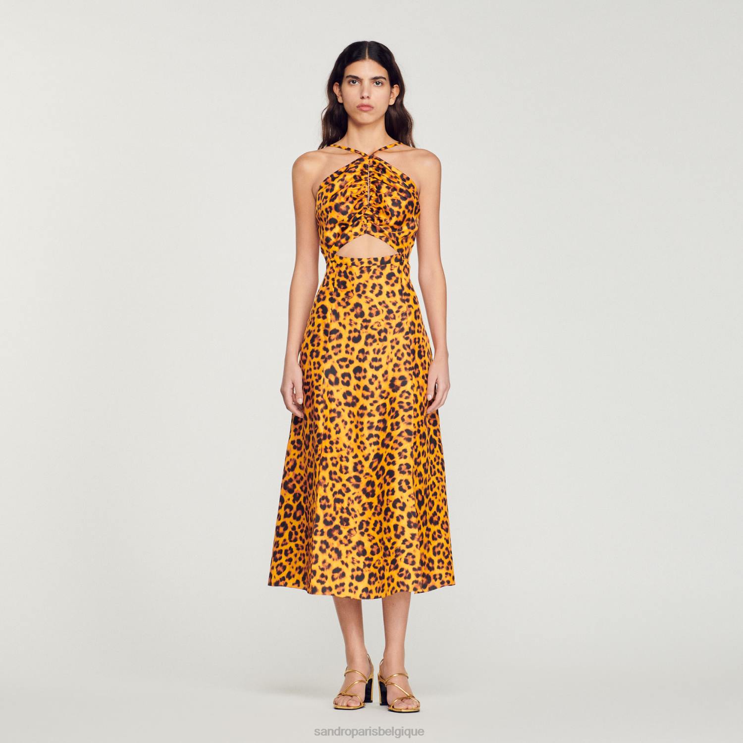 vêtements Sandro Paris robe longue à imprimé léopard orange/noir femmes XLXD309