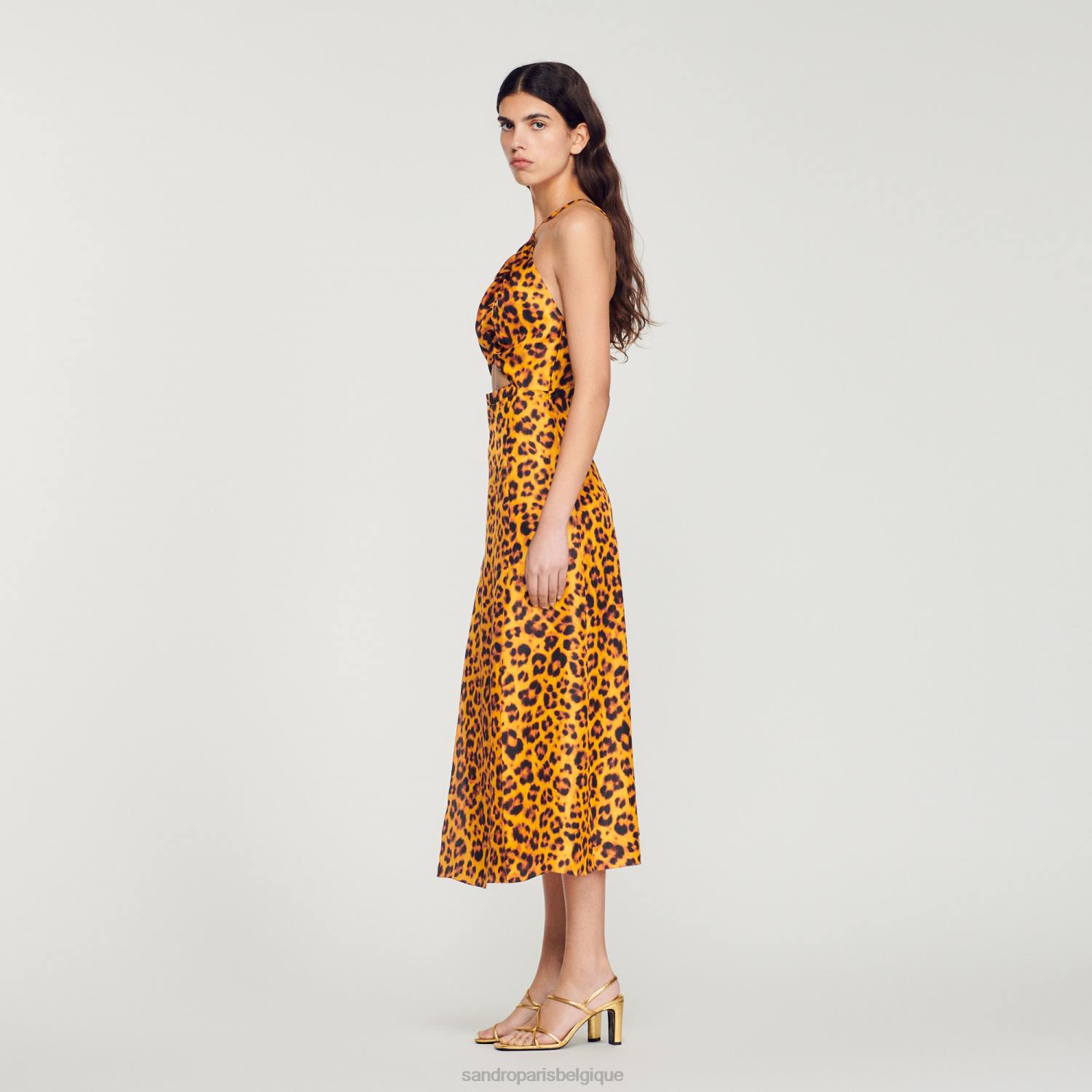 vêtements Sandro Paris robe longue à imprimé léopard orange/noir femmes XLXD309
