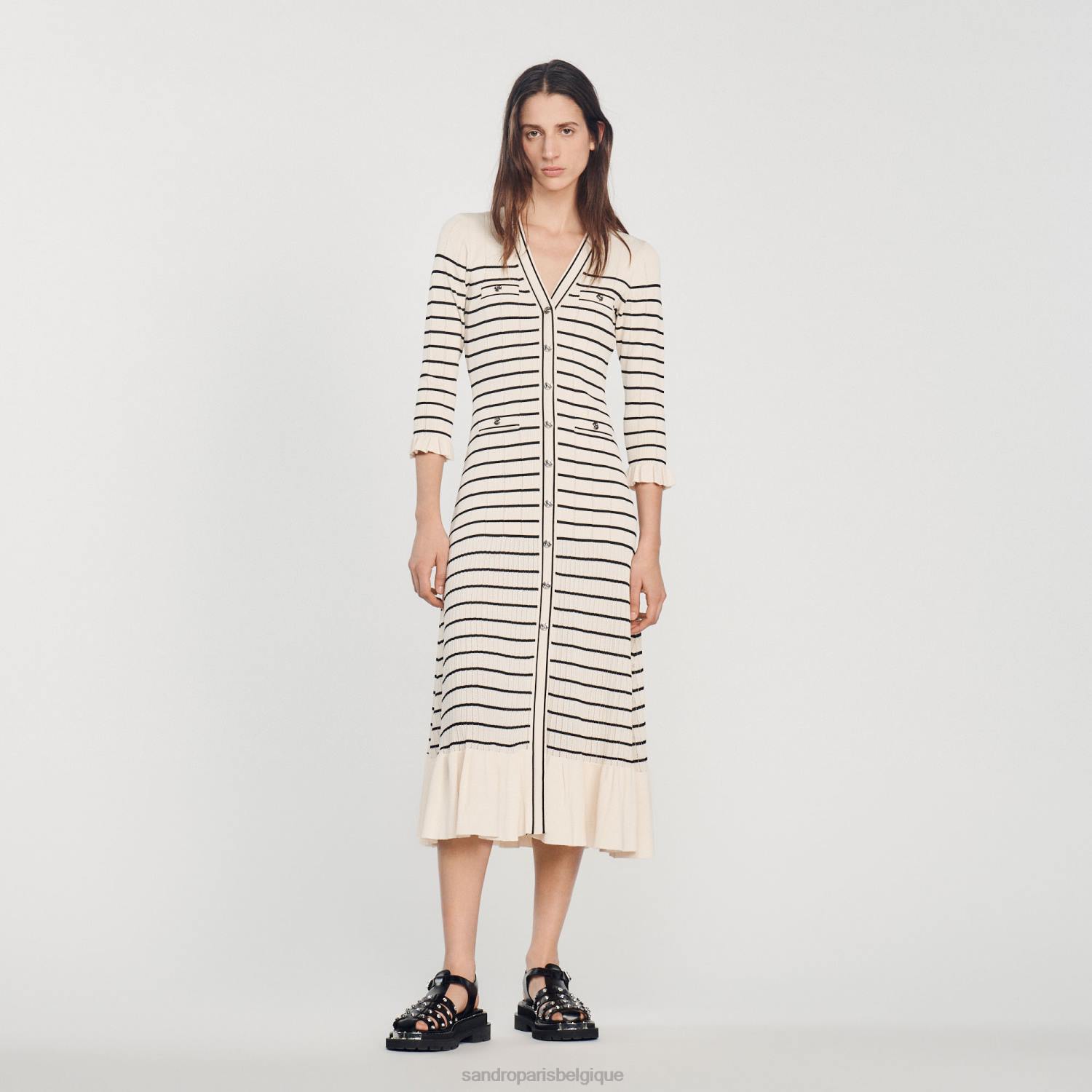 vêtements Sandro Paris robe longue à rayures marine écru femmes XLXD247