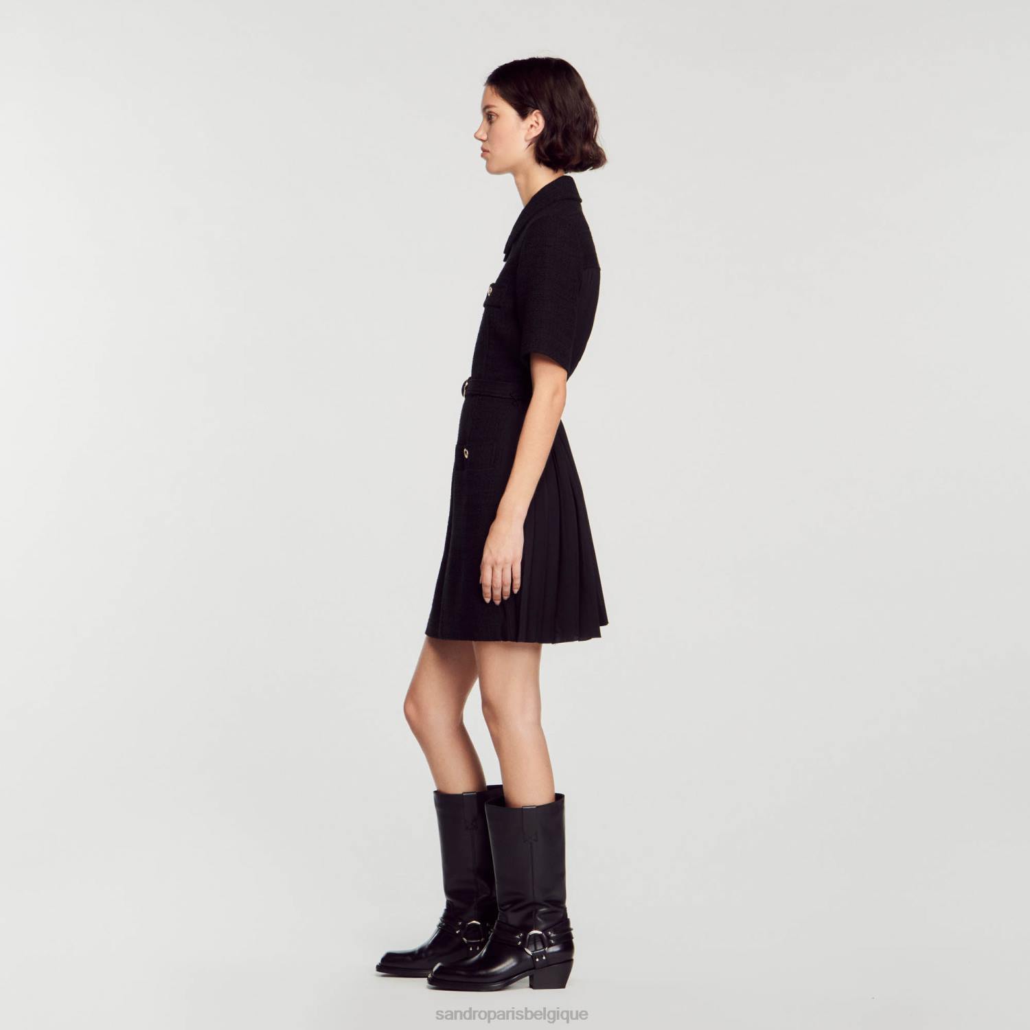 vêtements Sandro Paris robe à manches courtes en deux matières noir femmes XLXD157