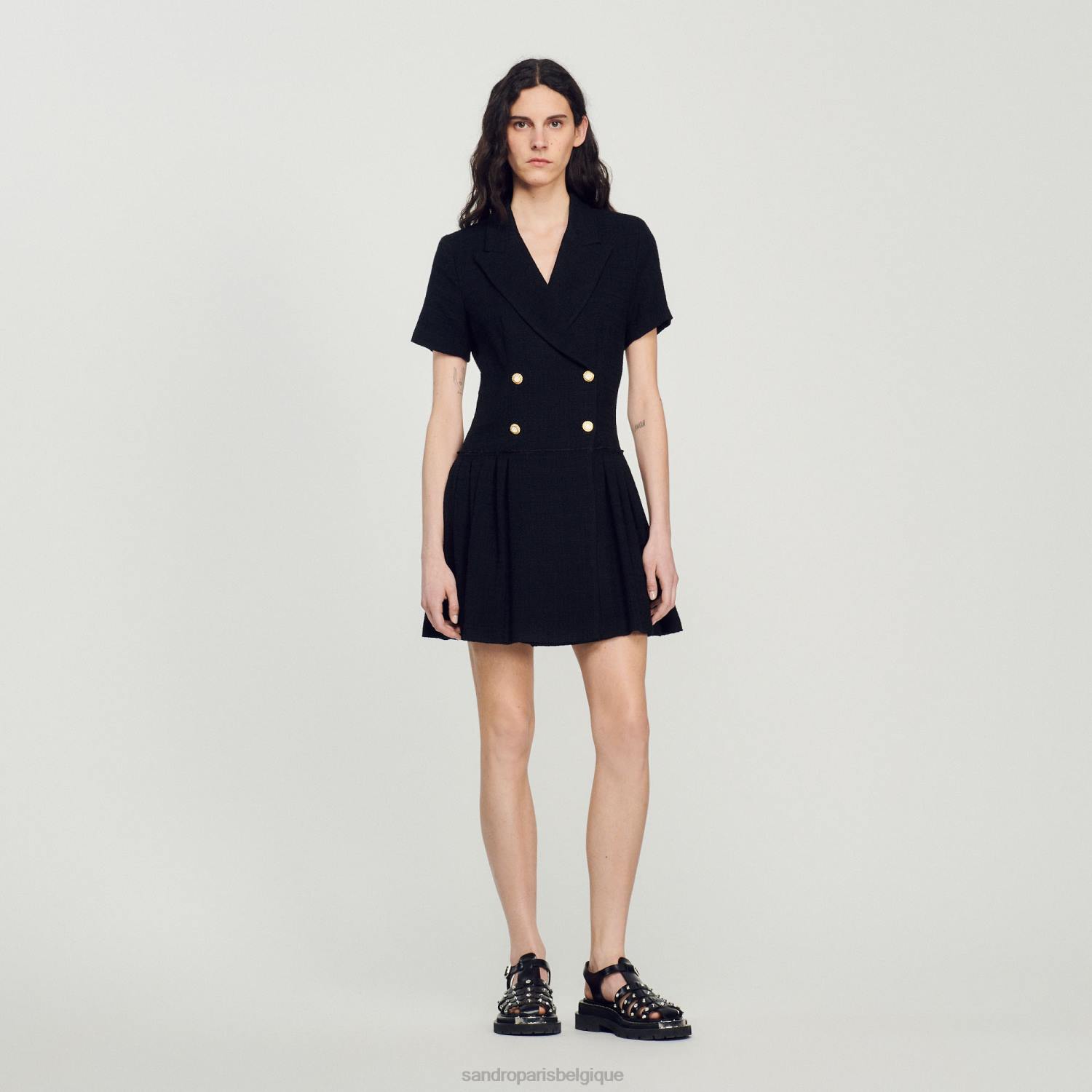 vêtements Sandro Paris robe-manteau courte en tweed noir femmes XLXD95