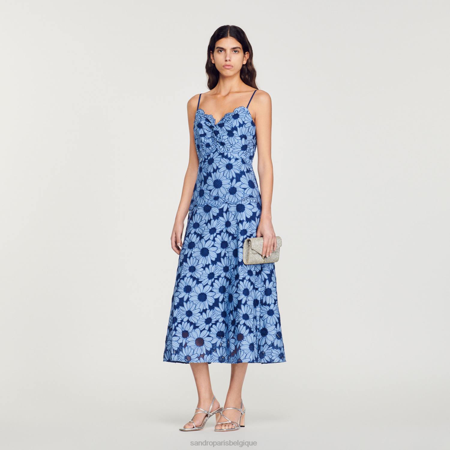 vêtements Sandro Paris robe midi en guipure à marguerites bleu femmes XLXD252