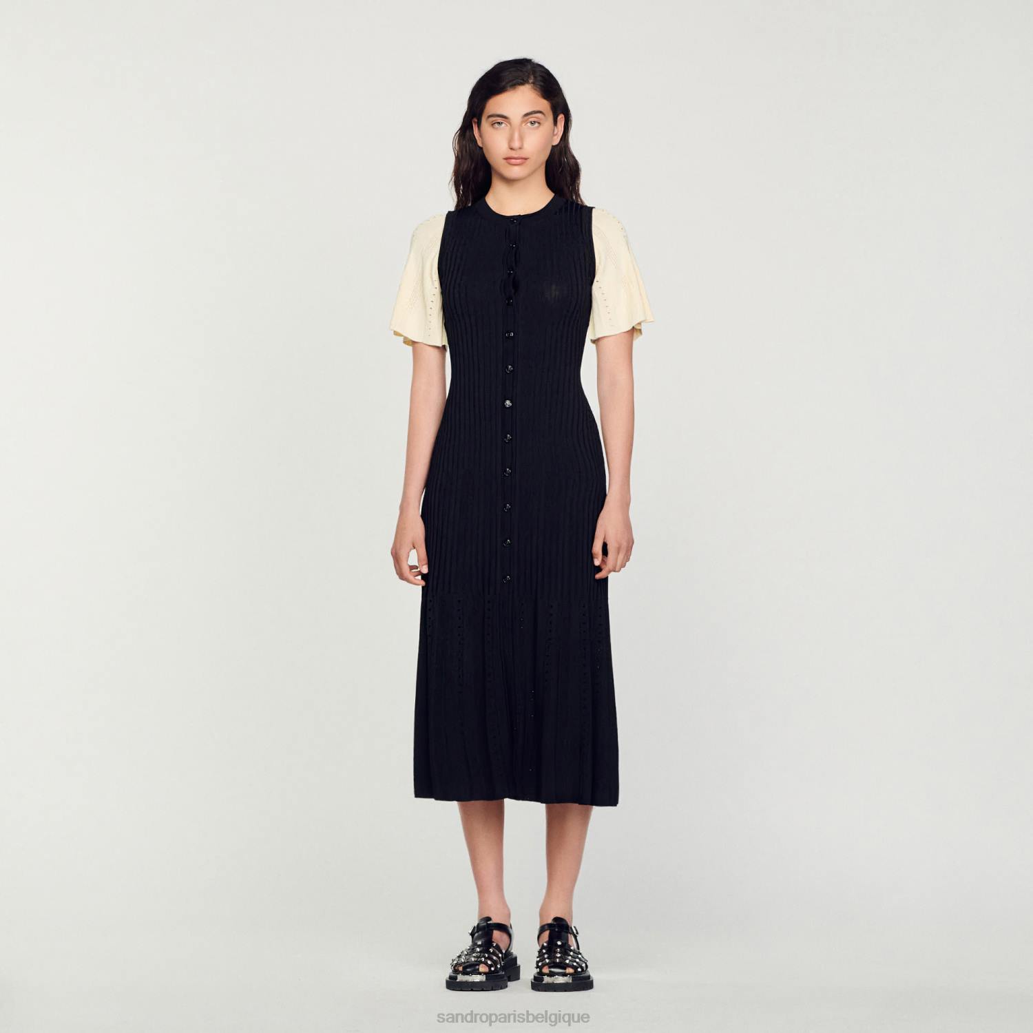 vêtements Sandro Paris robe midi en maille bicolore noir femmes XLXD6
