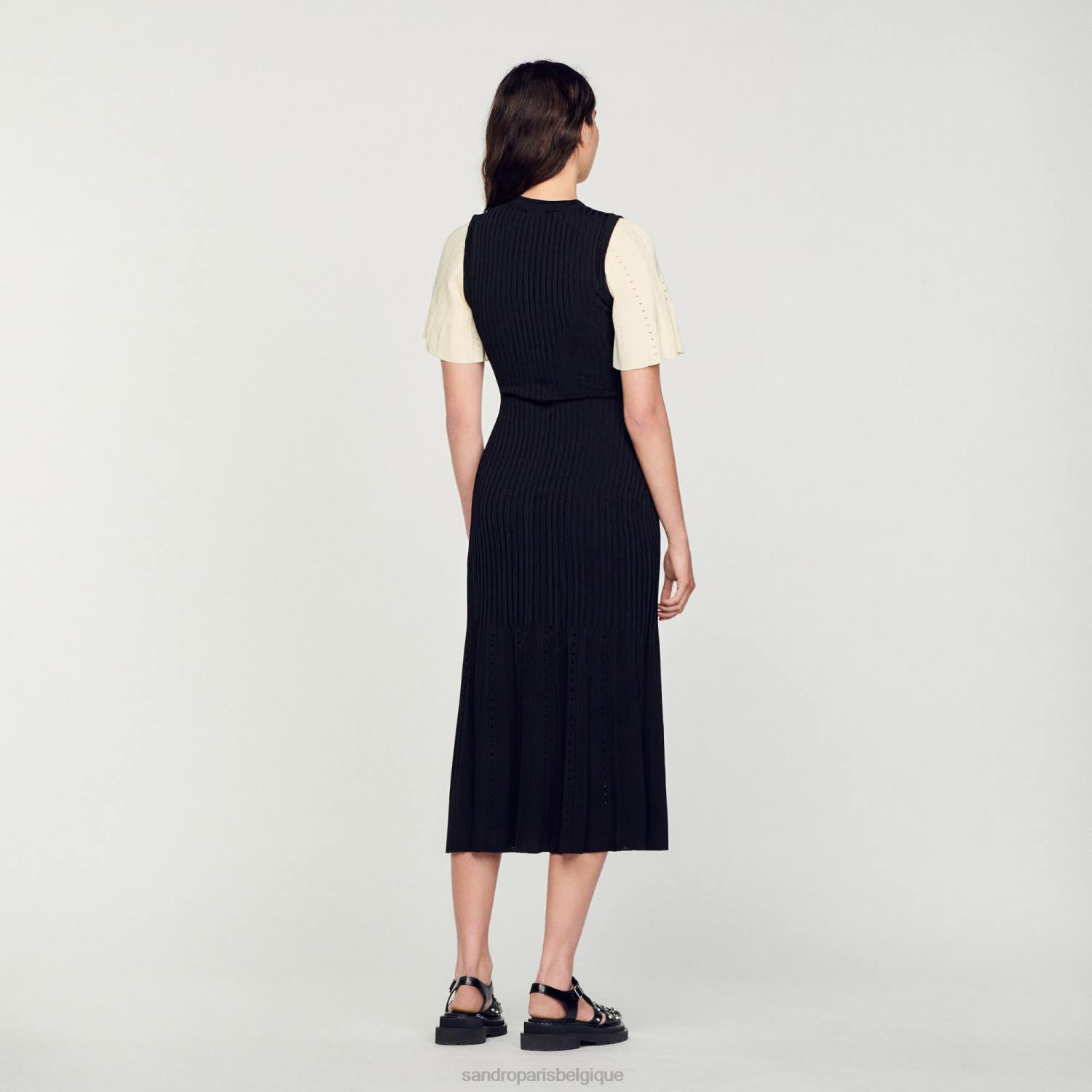 vêtements Sandro Paris robe midi en maille bicolore noir femmes XLXD6