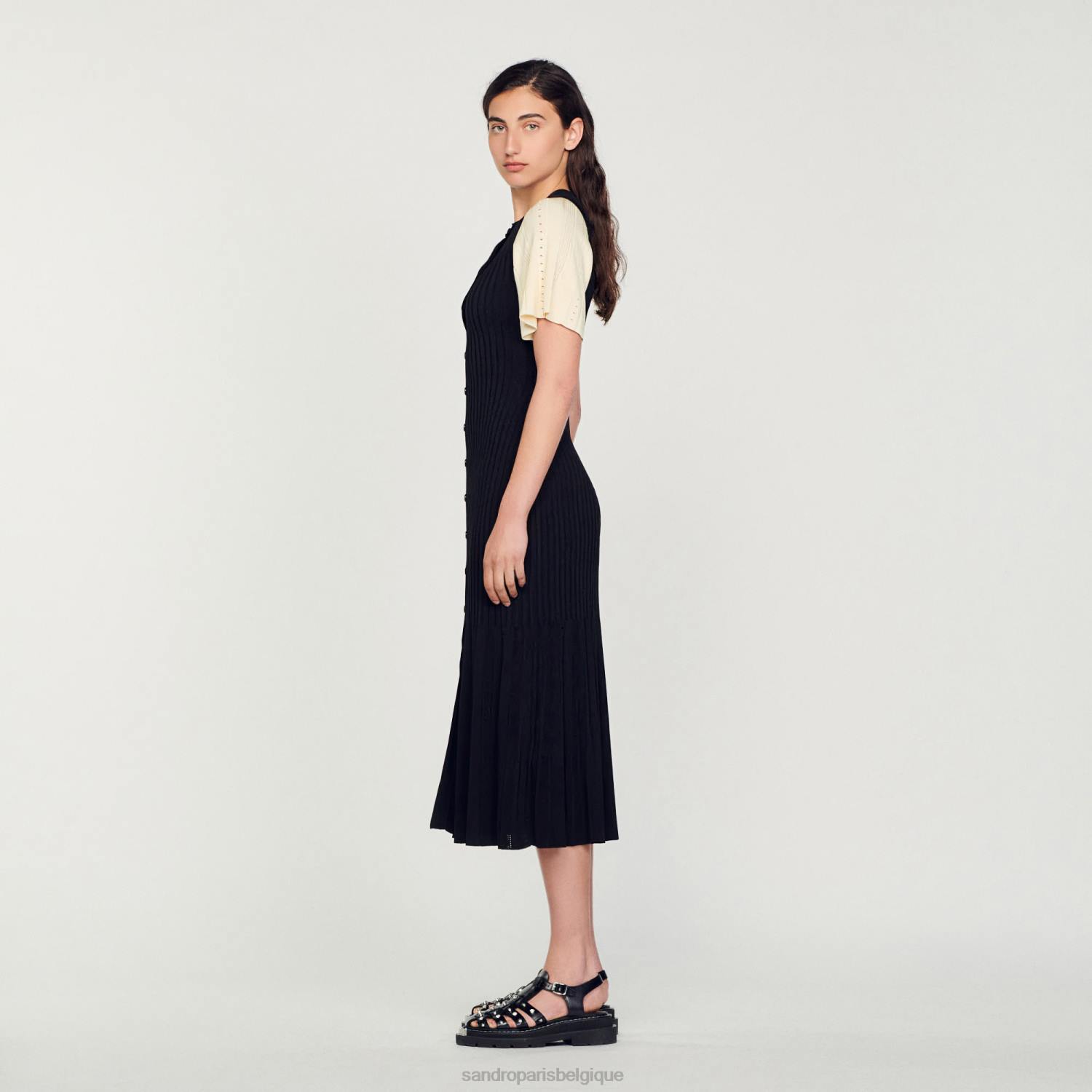 vêtements Sandro Paris robe midi en maille bicolore noir femmes XLXD6