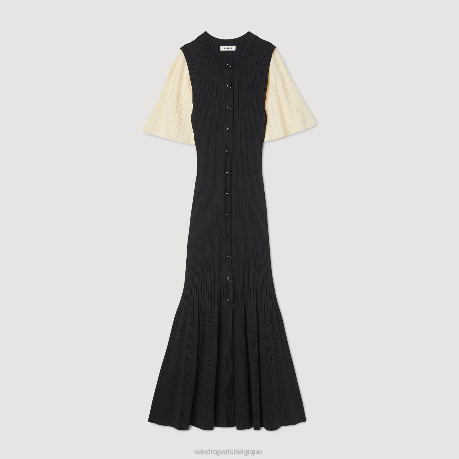 vêtements Sandro Paris robe midi en maille bicolore noir femmes XLXD6