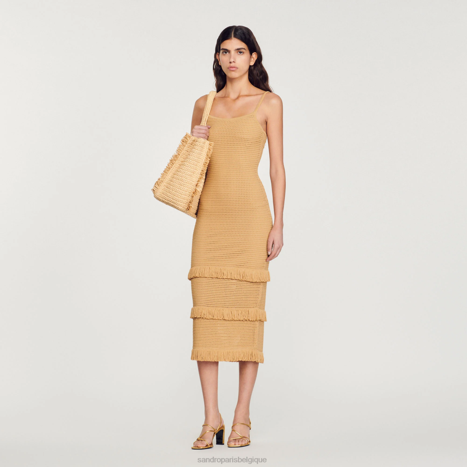 vêtements Sandro Paris robe midi en maille chameau femmes XLXD118