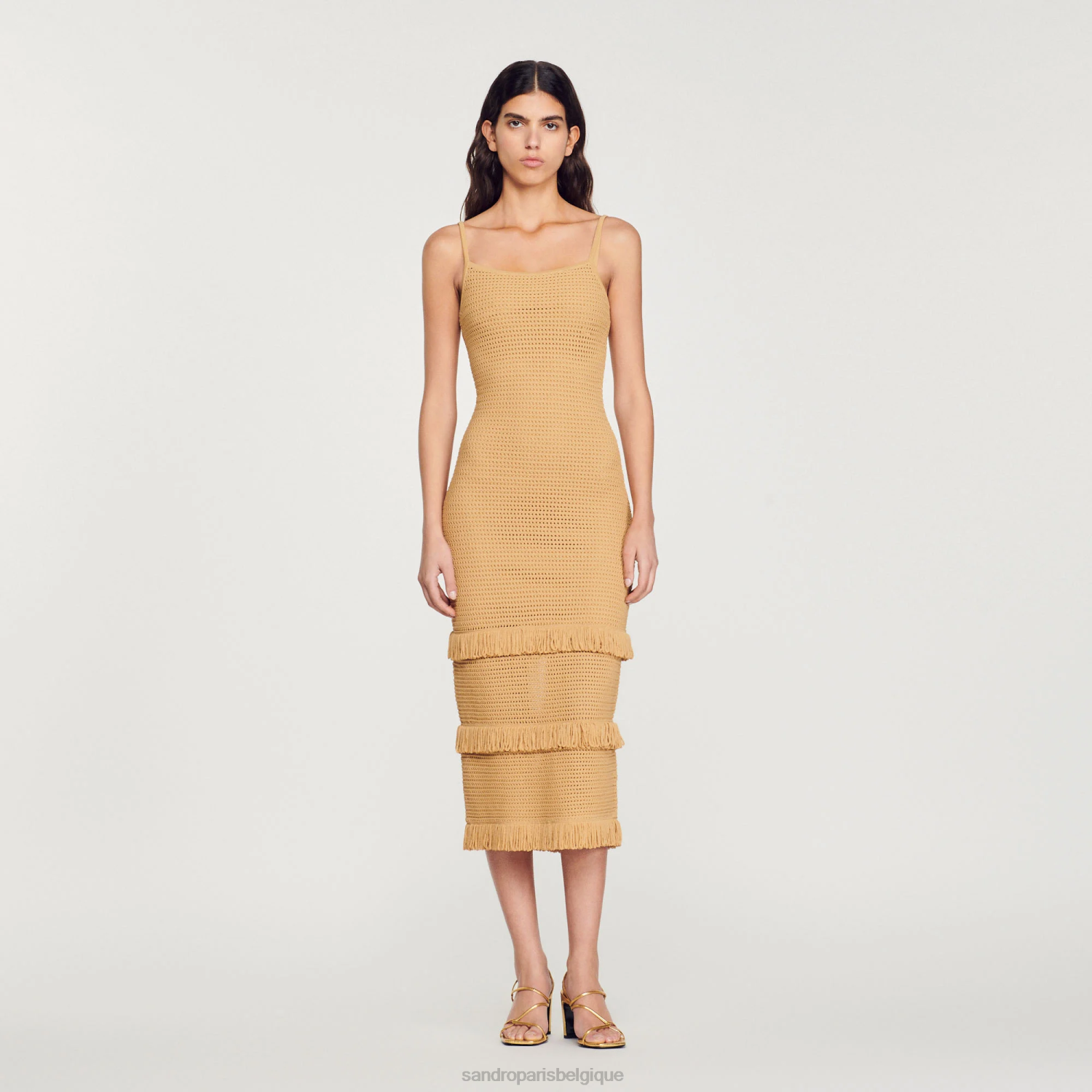 vêtements Sandro Paris robe midi en maille chameau femmes XLXD118