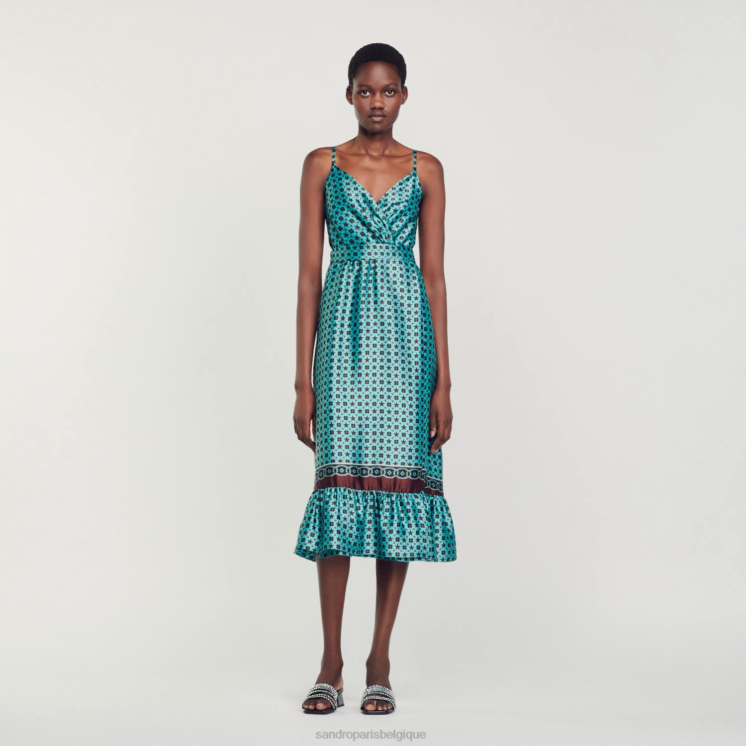 vêtements Sandro Paris robe midi en satin imprimé turquoise/marron femmes XLXD74