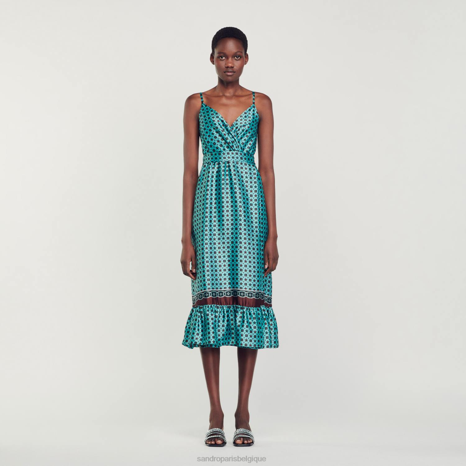 vêtements Sandro Paris robe midi en satin imprimé turquoise/marron femmes XLXD74