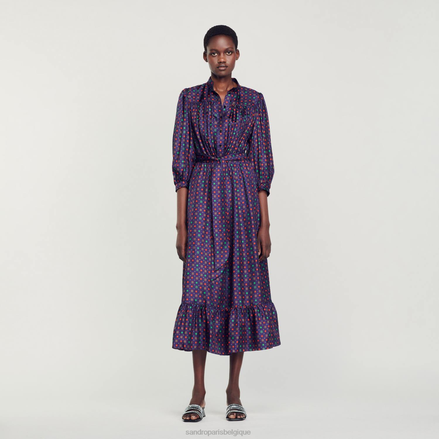 vêtements Sandro Paris robe midi imprimée bleu rouge femmes XLXD20