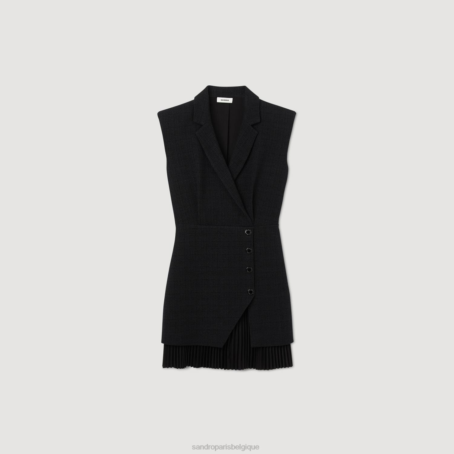 vêtements Sandro Paris robe plissée en tweed noir femmes XLXD28