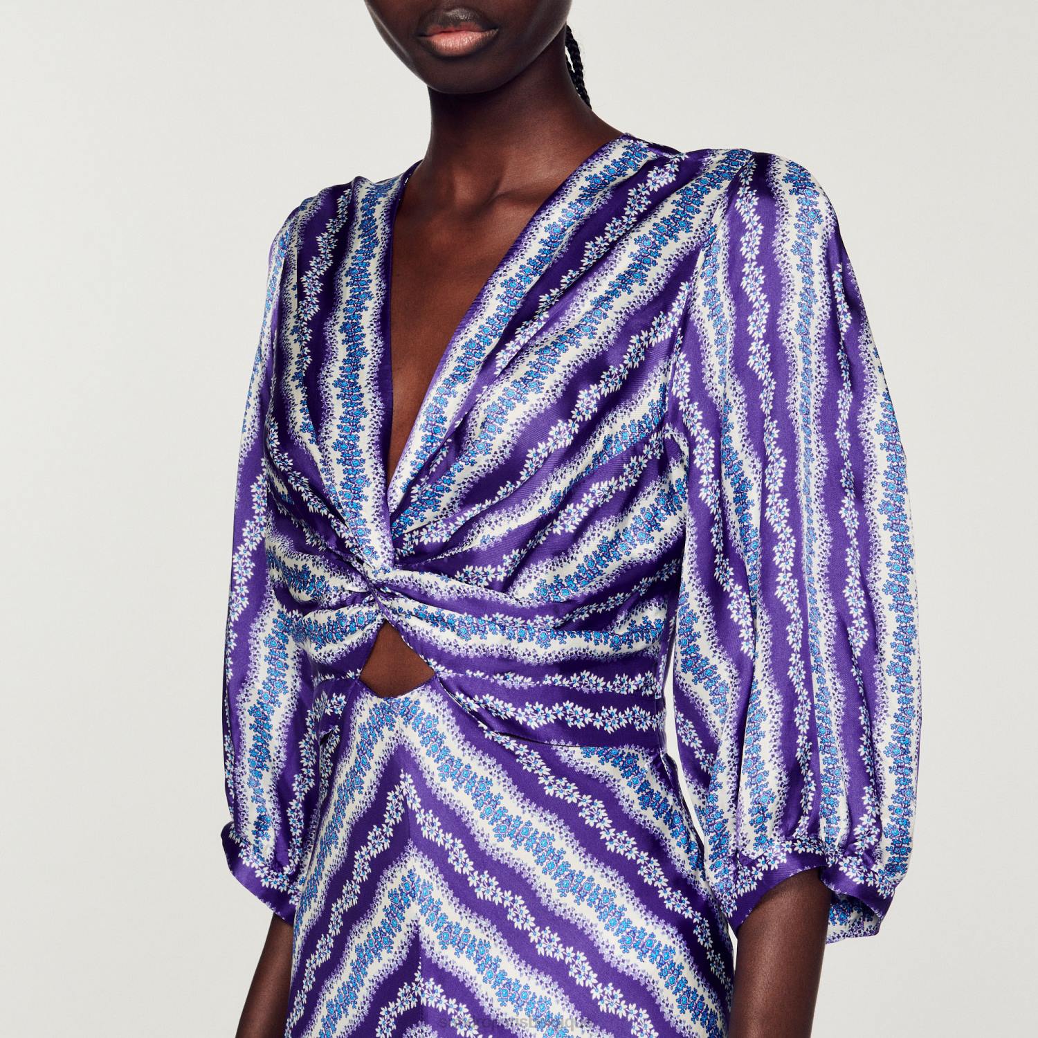 vêtements Sandro Paris robe torsadée à fleurs violet/bleu femmes XLXD393