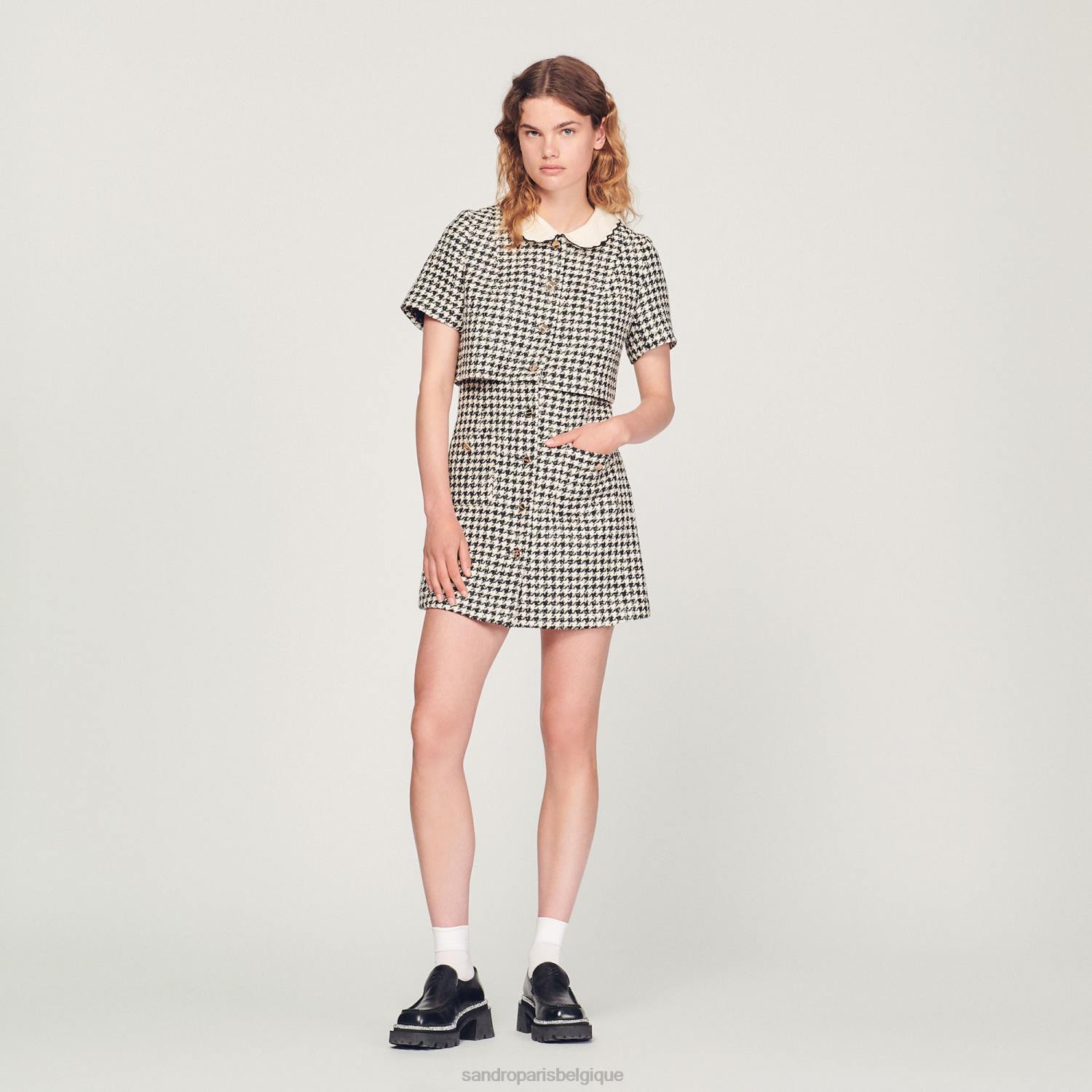 vêtements Sandro Paris robe trompe l'oeil en tweed blanc noir femmes XLXD170