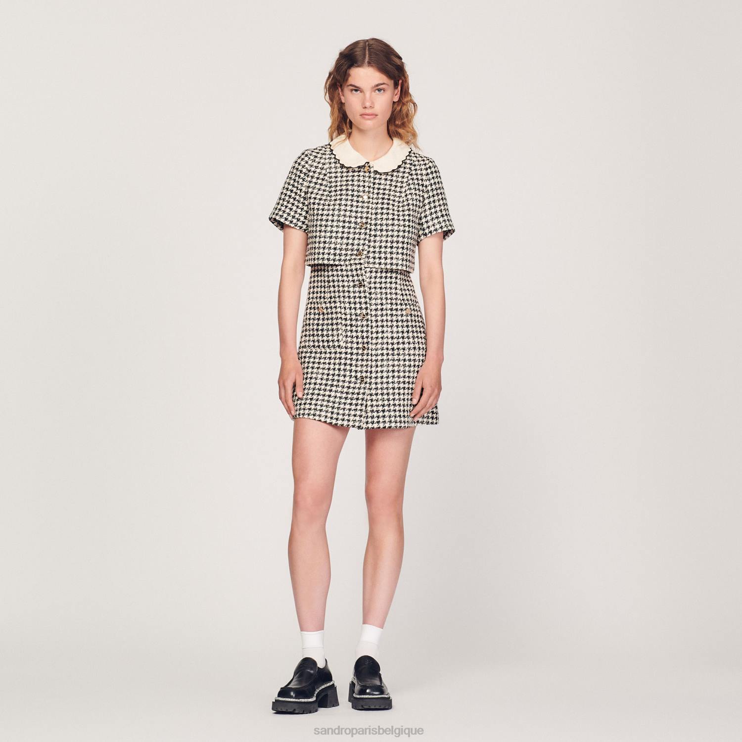 vêtements Sandro Paris robe trompe l'oeil en tweed blanc noir femmes XLXD170