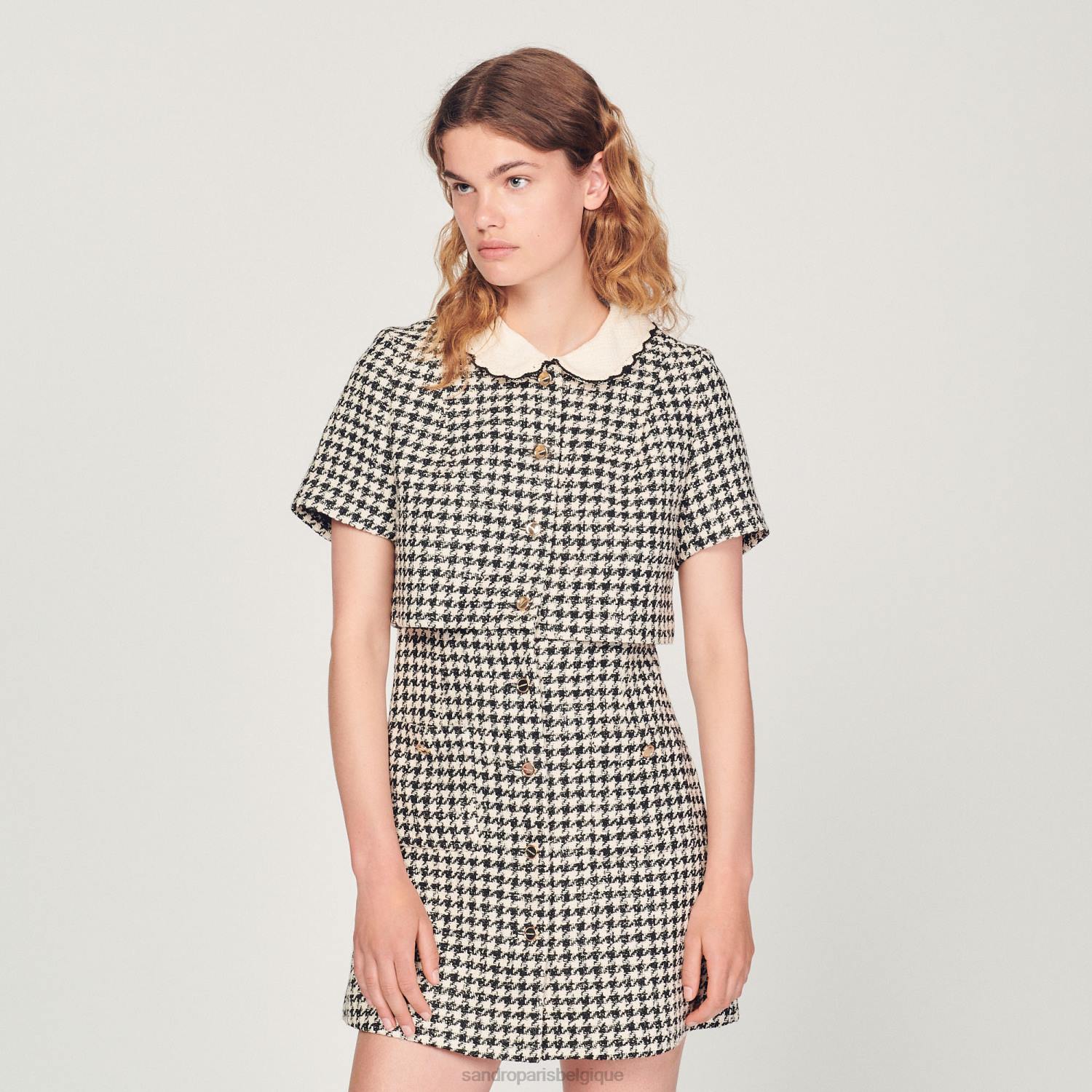 vêtements Sandro Paris robe trompe l'oeil en tweed blanc noir femmes XLXD170