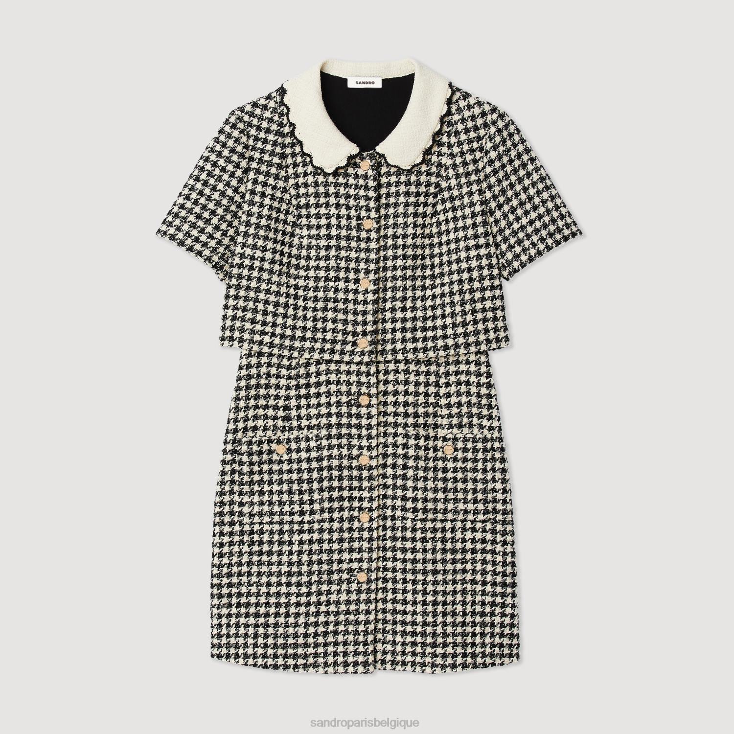 vêtements Sandro Paris robe trompe l'oeil en tweed blanc noir femmes XLXD170